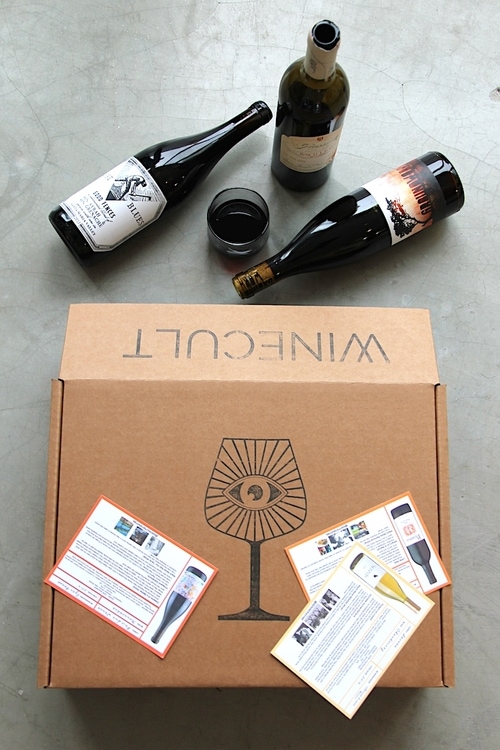 WINECULT subscription box with 3 bottles of wine.