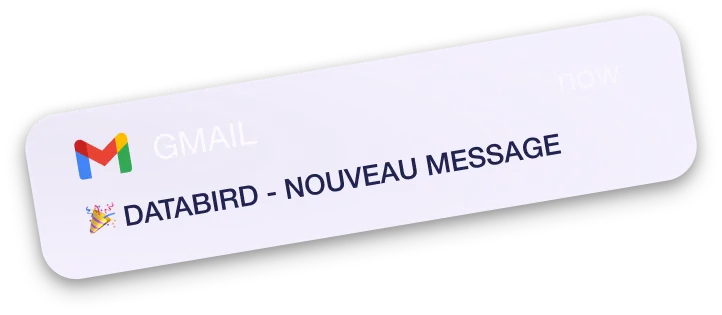 notification Gmail affichant data bird - nouveau message sur fond lilas
