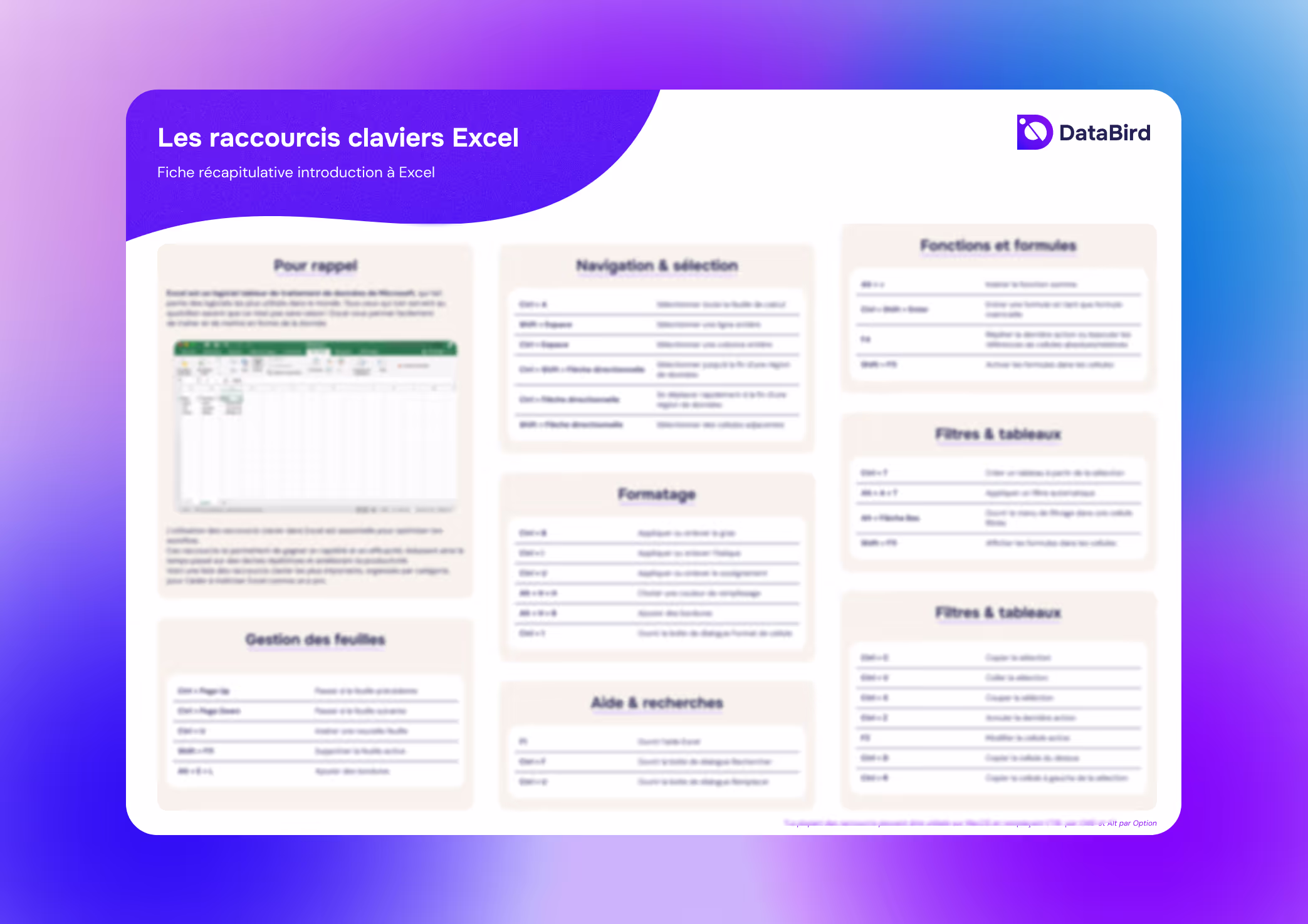 fiche récapitulative violette listant les raccourcis clavier excel par catégories pour formation data