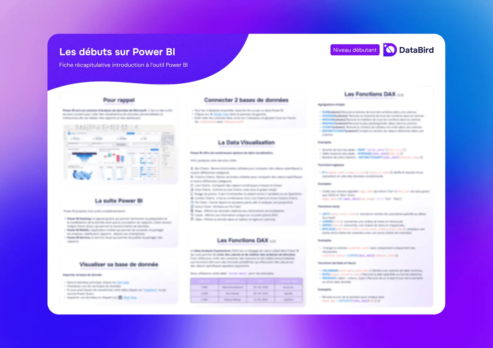 Diaporama pédagogique sur Power BI pour débutants par DataBird, présentation des bases et fonctions DAX.