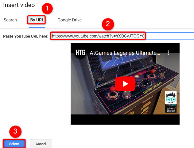 A dialogue box will appear that provides you with different options for uploading your desired video. If you choose the 'By URL' option, you can copy and paste the link to the YouTube video file.