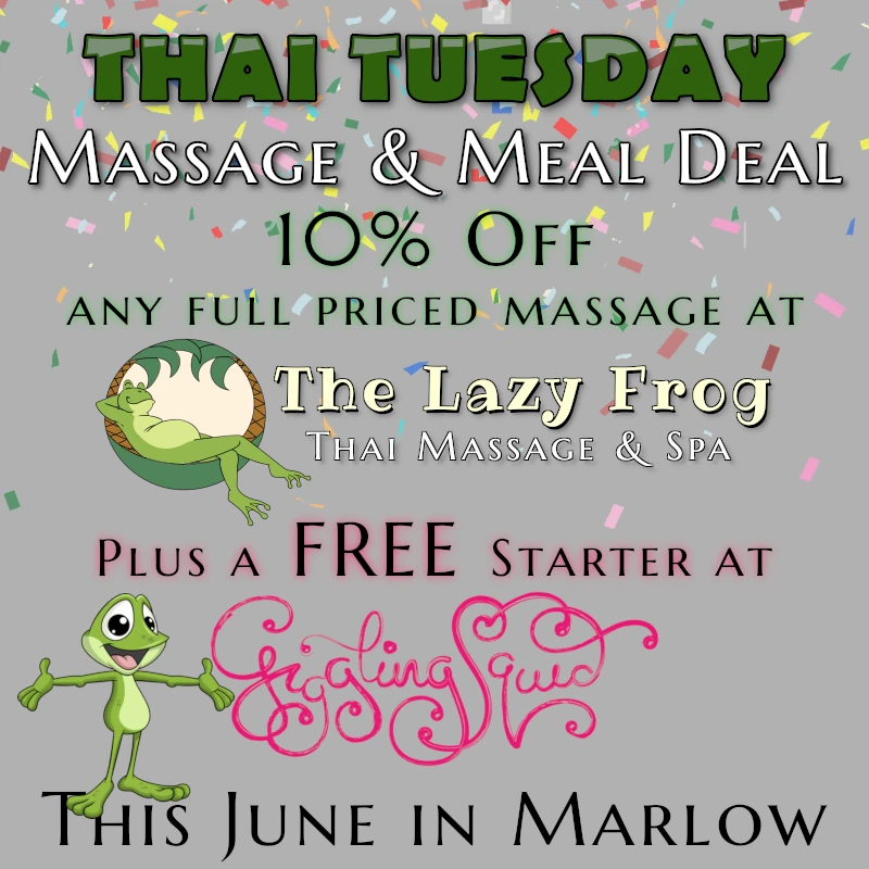 10% off a massage at The Lazy Frog and a free starter at Giggling Squid.