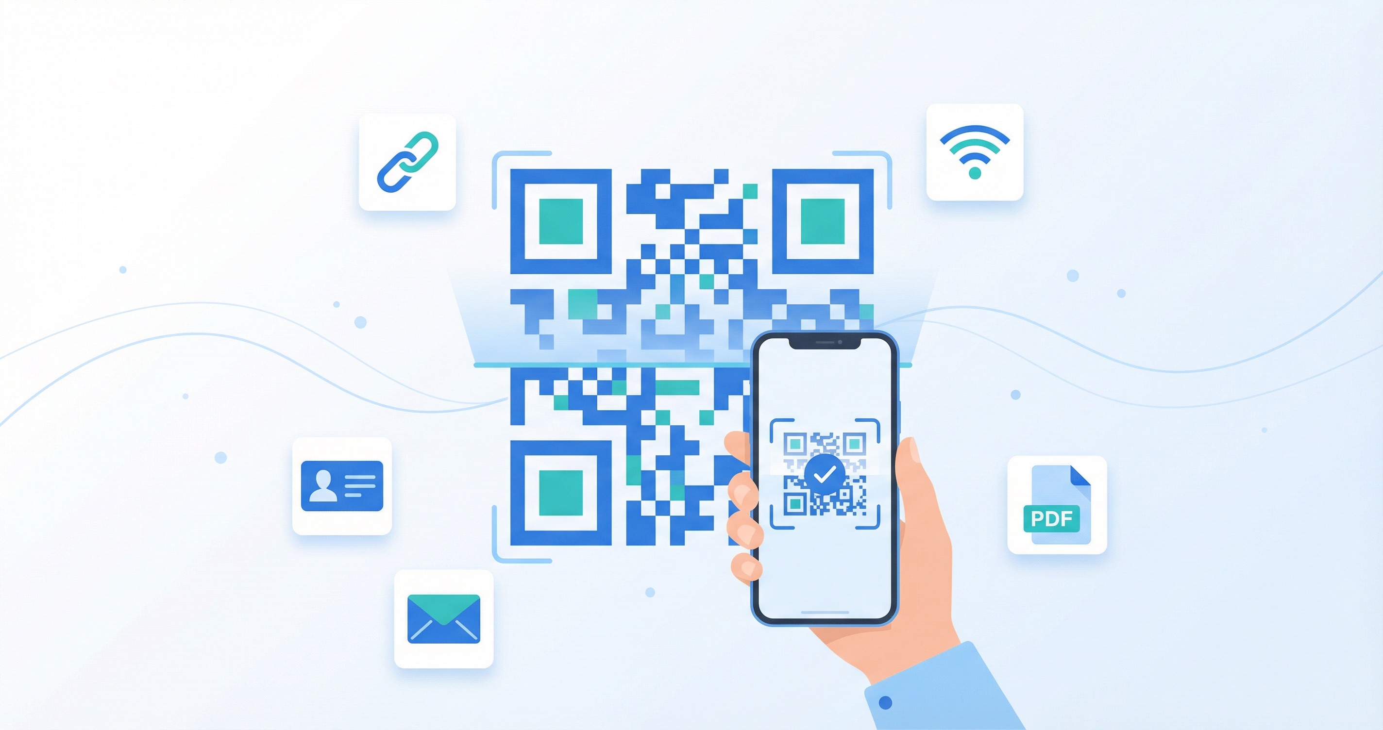 Step-by-step guide to creating a QR code on a smartphone with floating use case icons