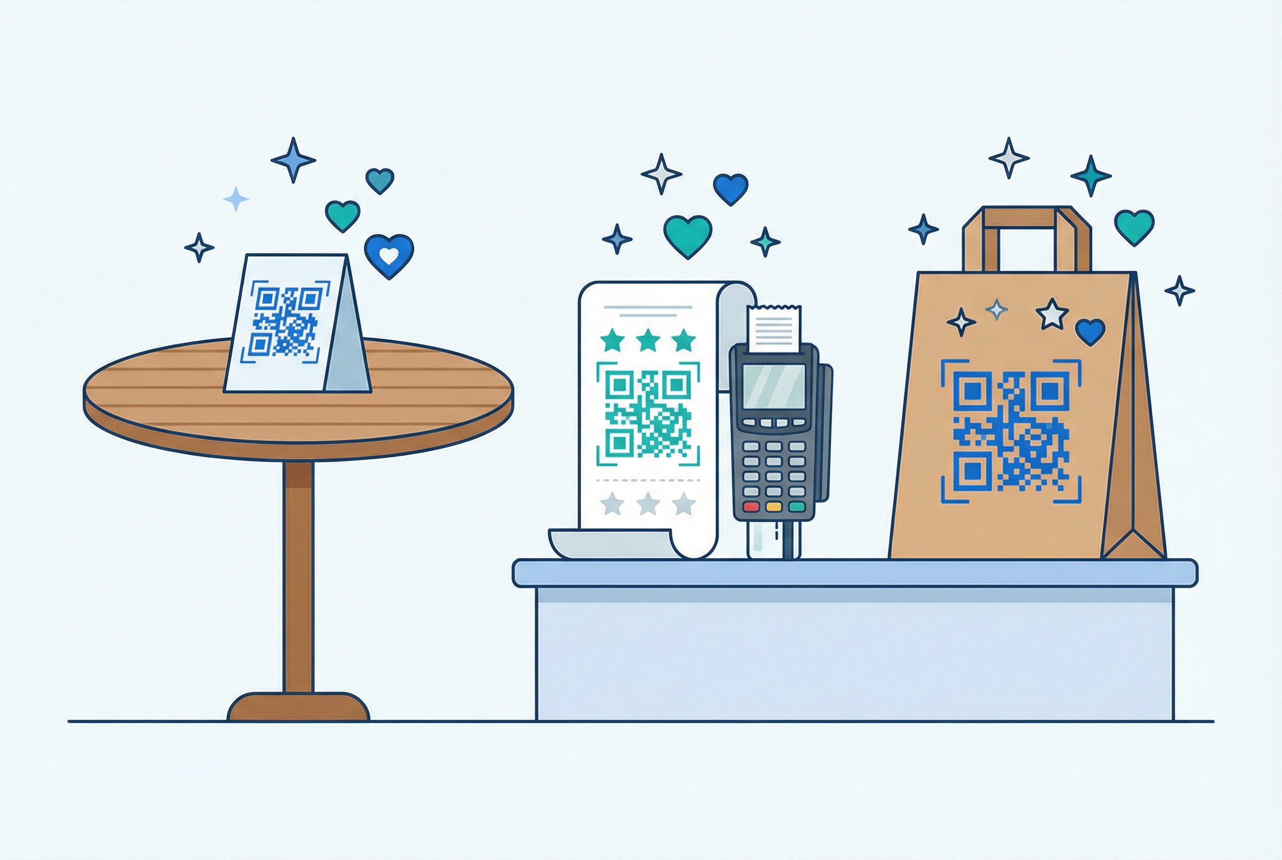 Restaurant using QR codes for loyalty rewards and Google review collection on table tents