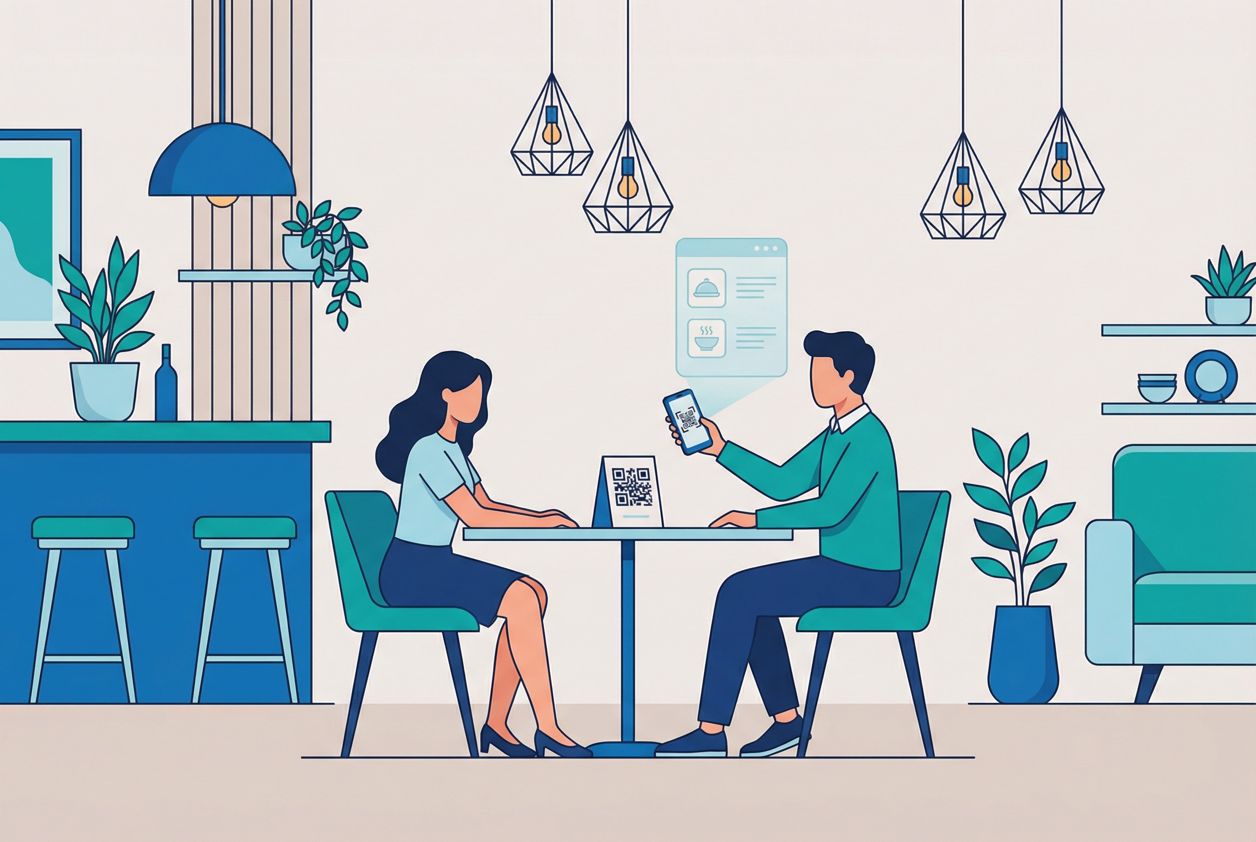 Diners at a modern restaurant scanning QR codes on table stands to browse the digital menu