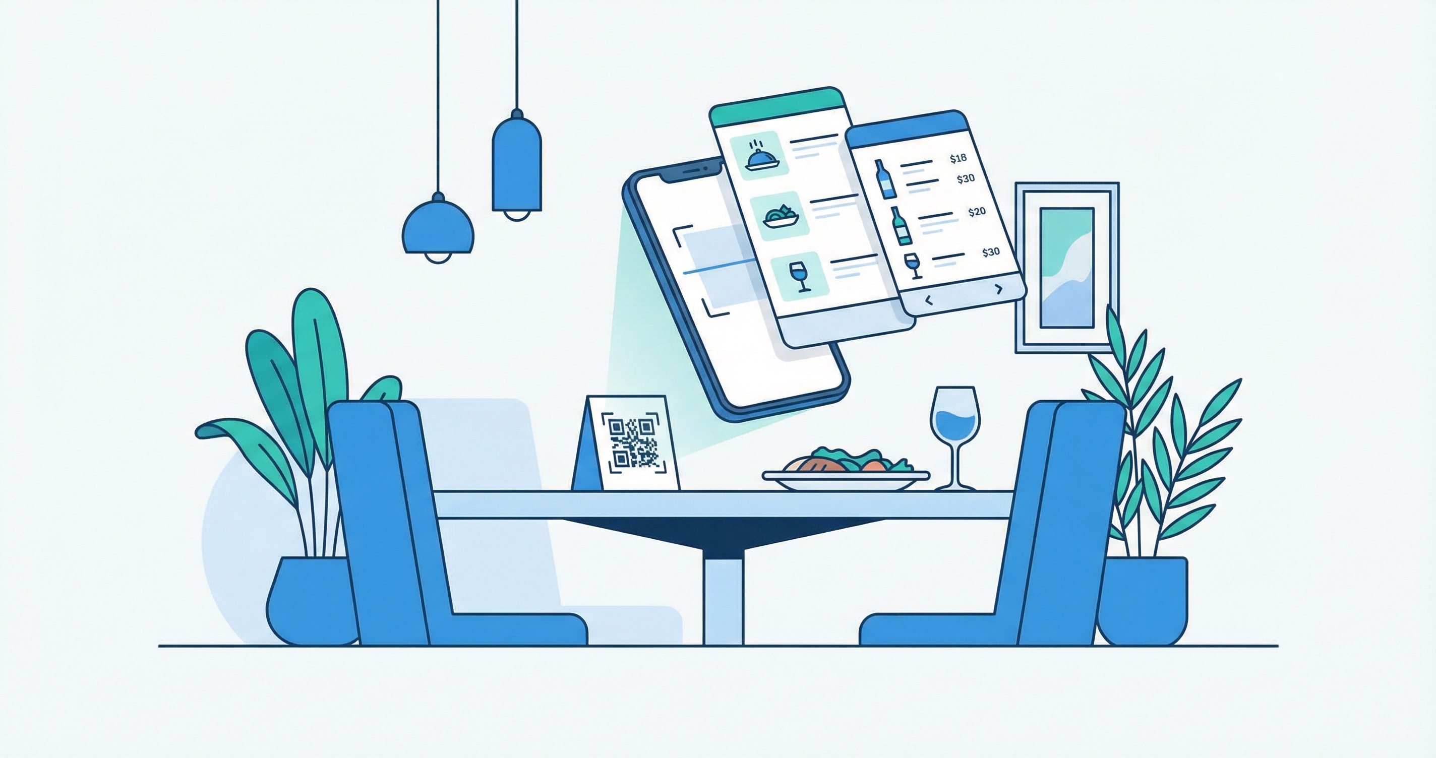 Modern restaurant dining table with QR code stand and smartphone displaying a digital menu