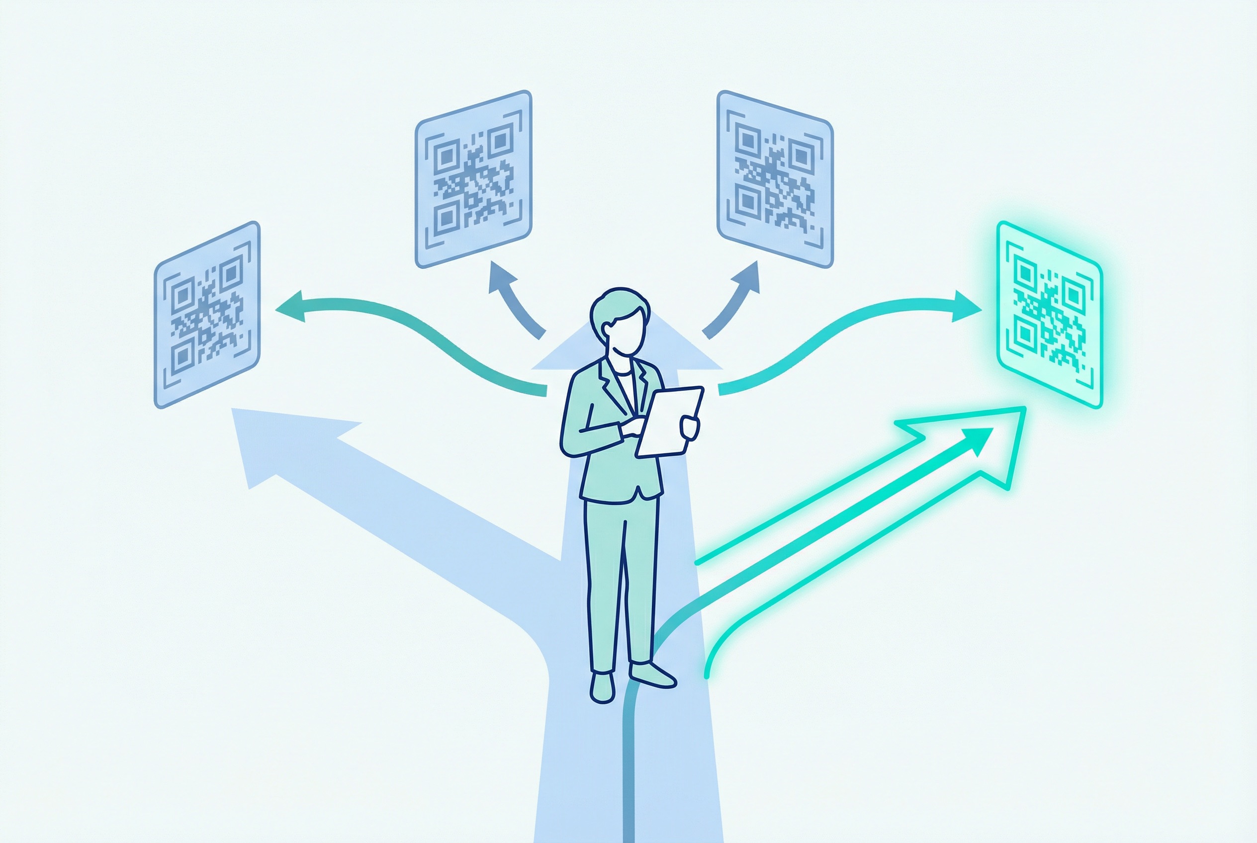 Business professional evaluating multiple QR code generator platforms at a decision crossroads