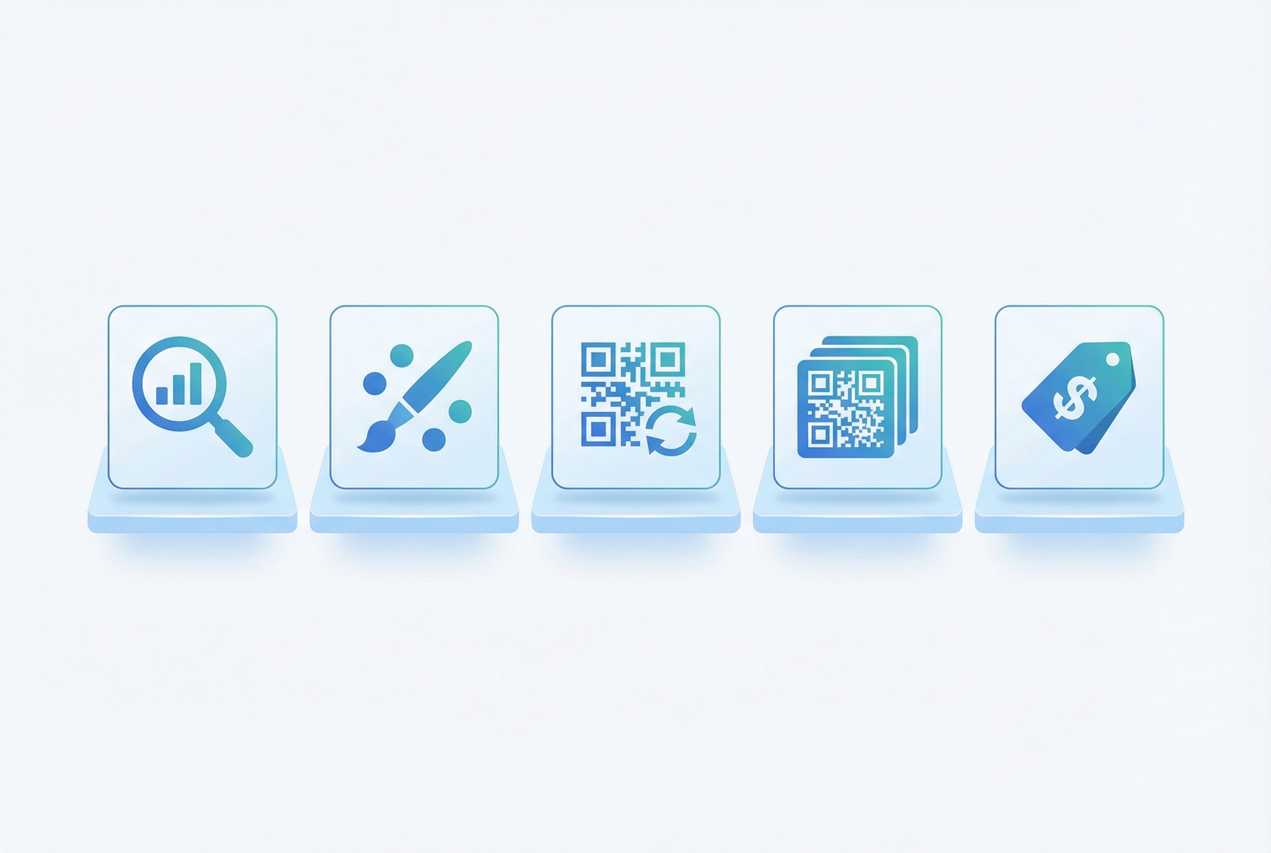 Five evaluation criteria icons for QR code generators including analytics customization and pricing