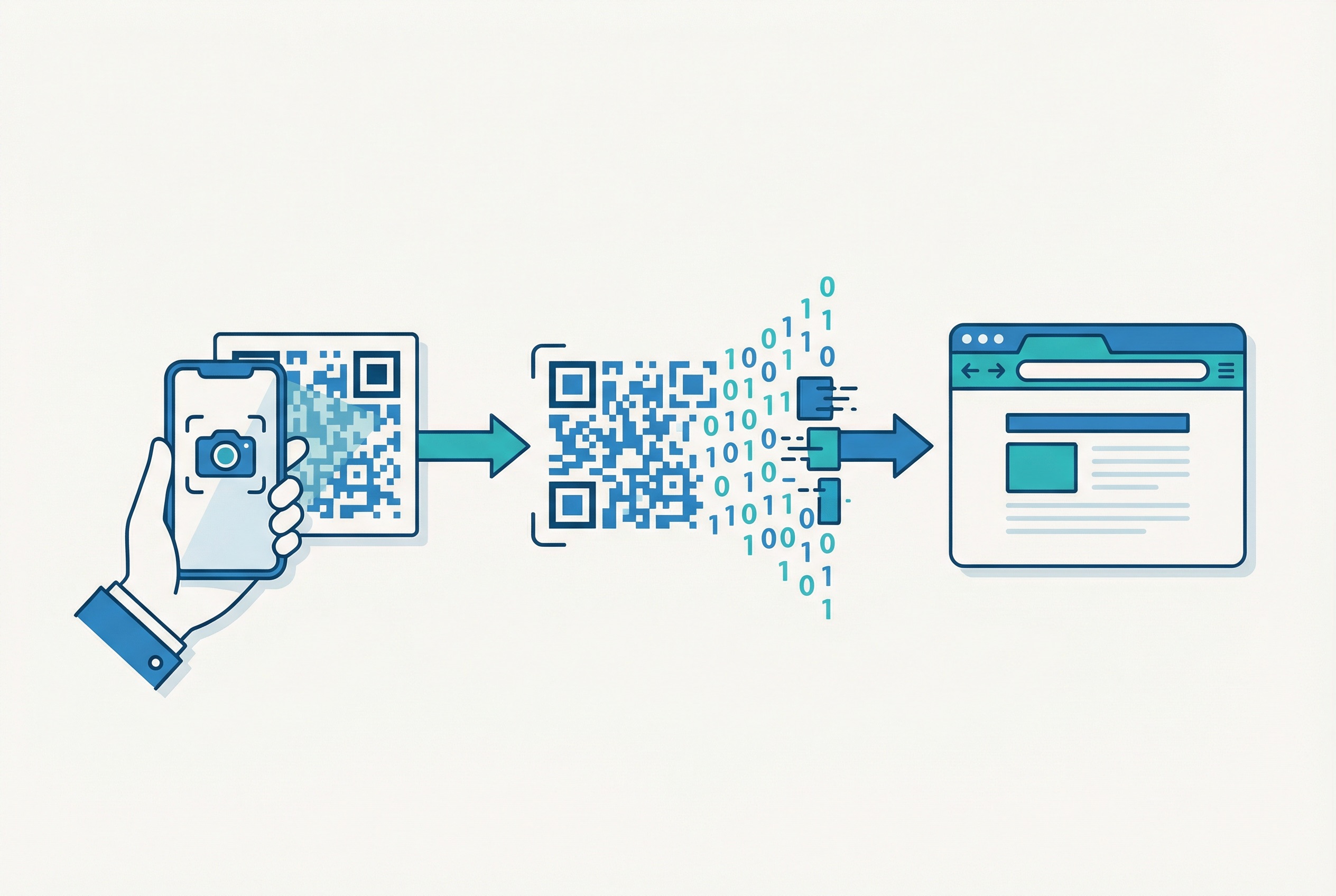 Three-step diagram showing how a QR code scan works: smartphone camera detects the code, data is decoded, and a web page opens on screen