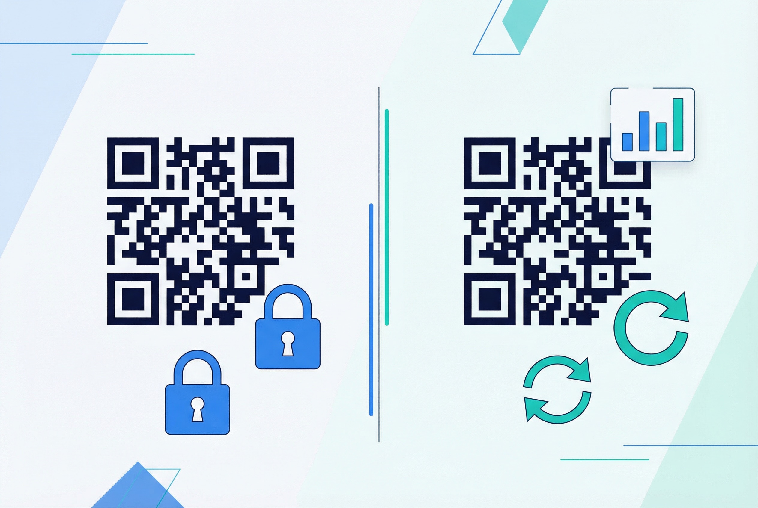 Side-by-side comparison of a static QR code with a padlock icon and a dynamic QR code with a refresh arrow and analytics chart