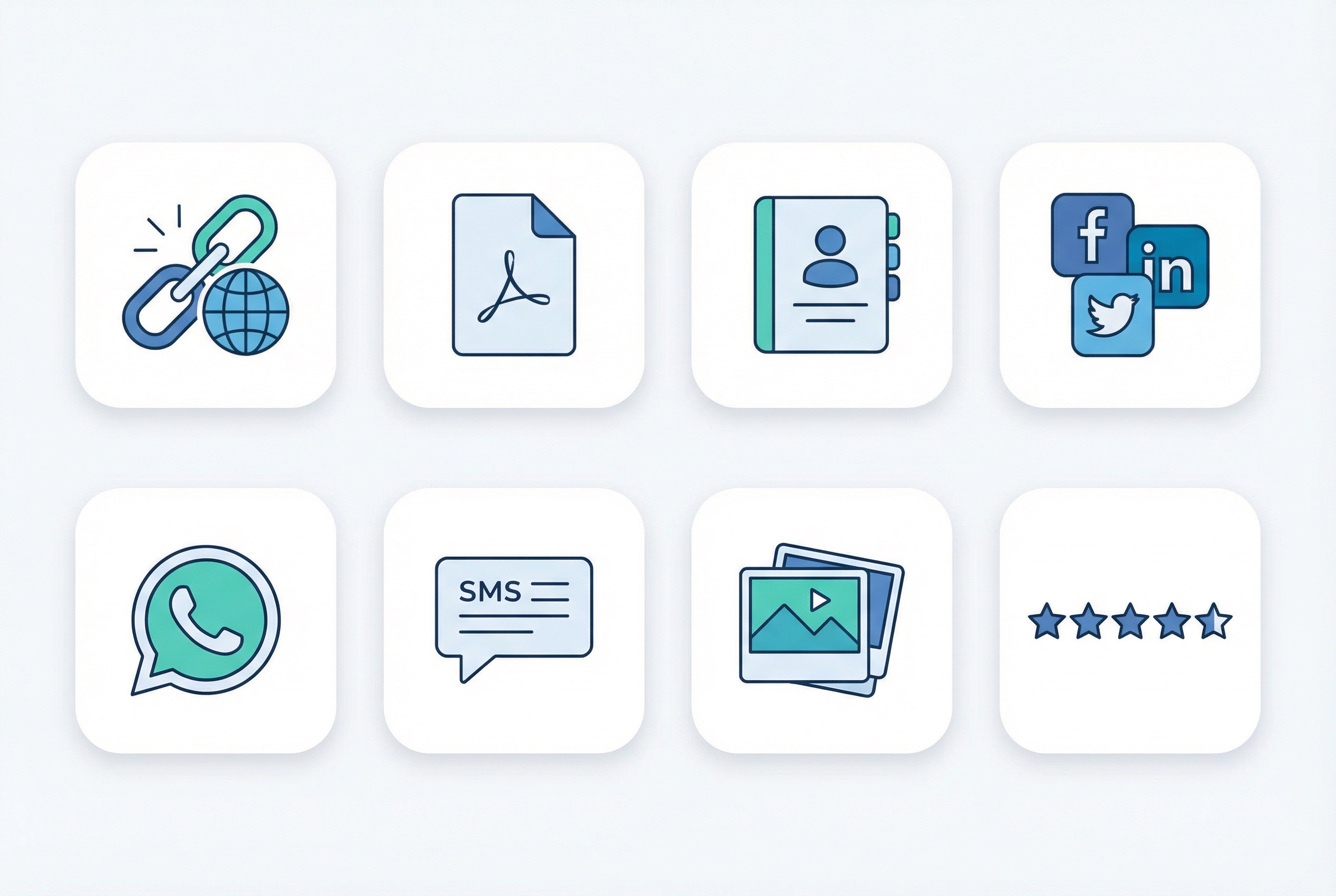 Grid of eight QR code type icons for real estate professionals including URL, PDF, vCard, social media, WhatsApp, SMS, image gallery, and feedback