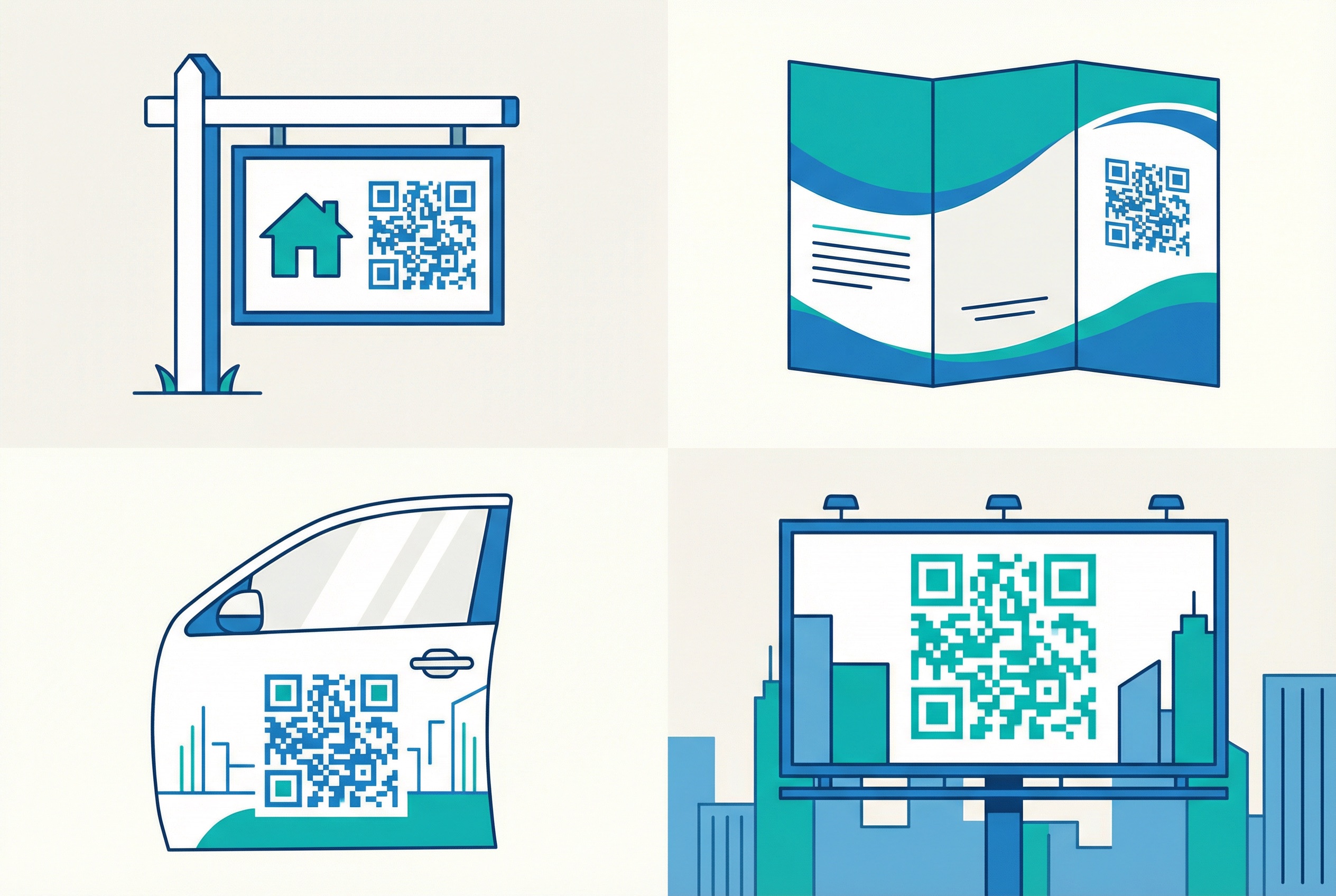 Four real estate marketing materials each featuring a QR code: a yard sign, a tri-fold property brochure, a vehicle door wrap, and an outdoor billboard