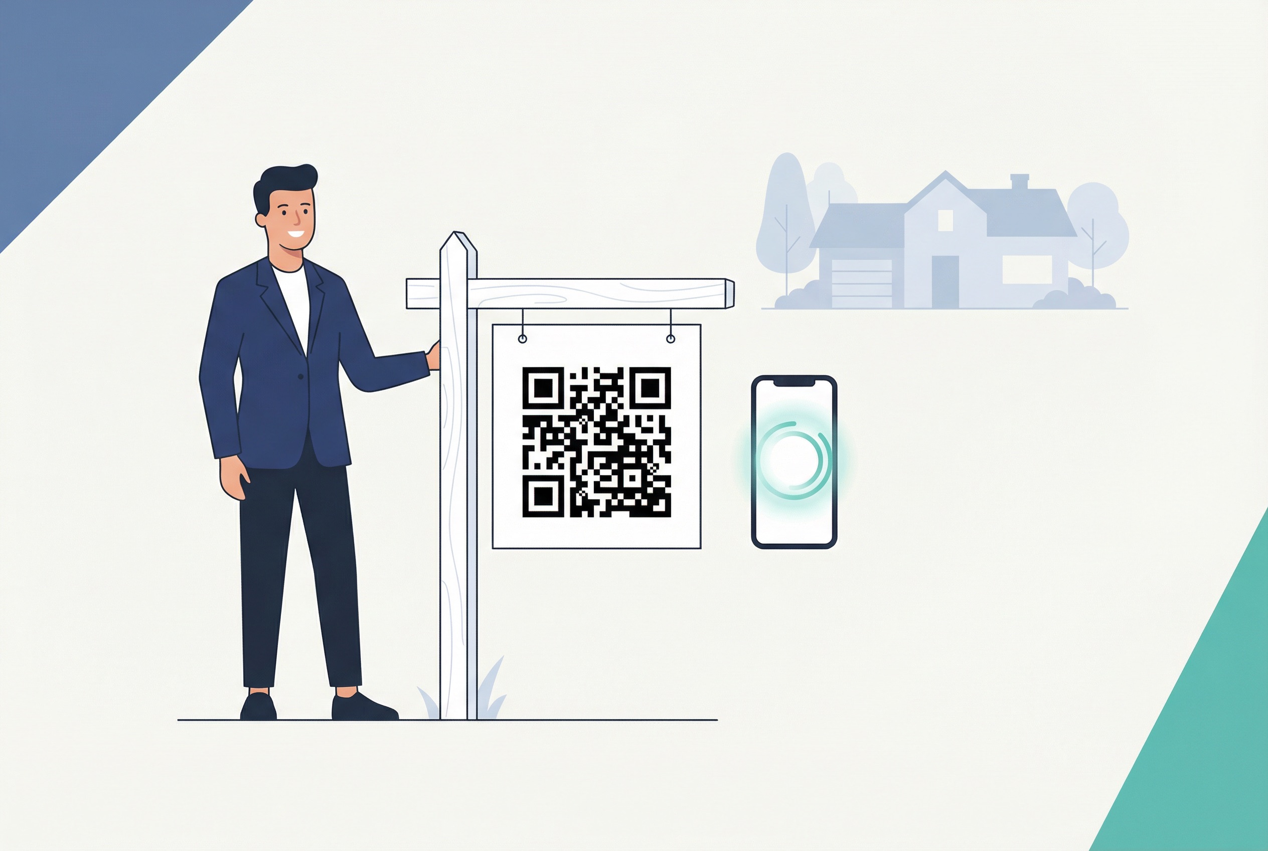 Real estate agent standing next to a property yard sign displaying a QR code, with a smartphone showing a scan animation nearby