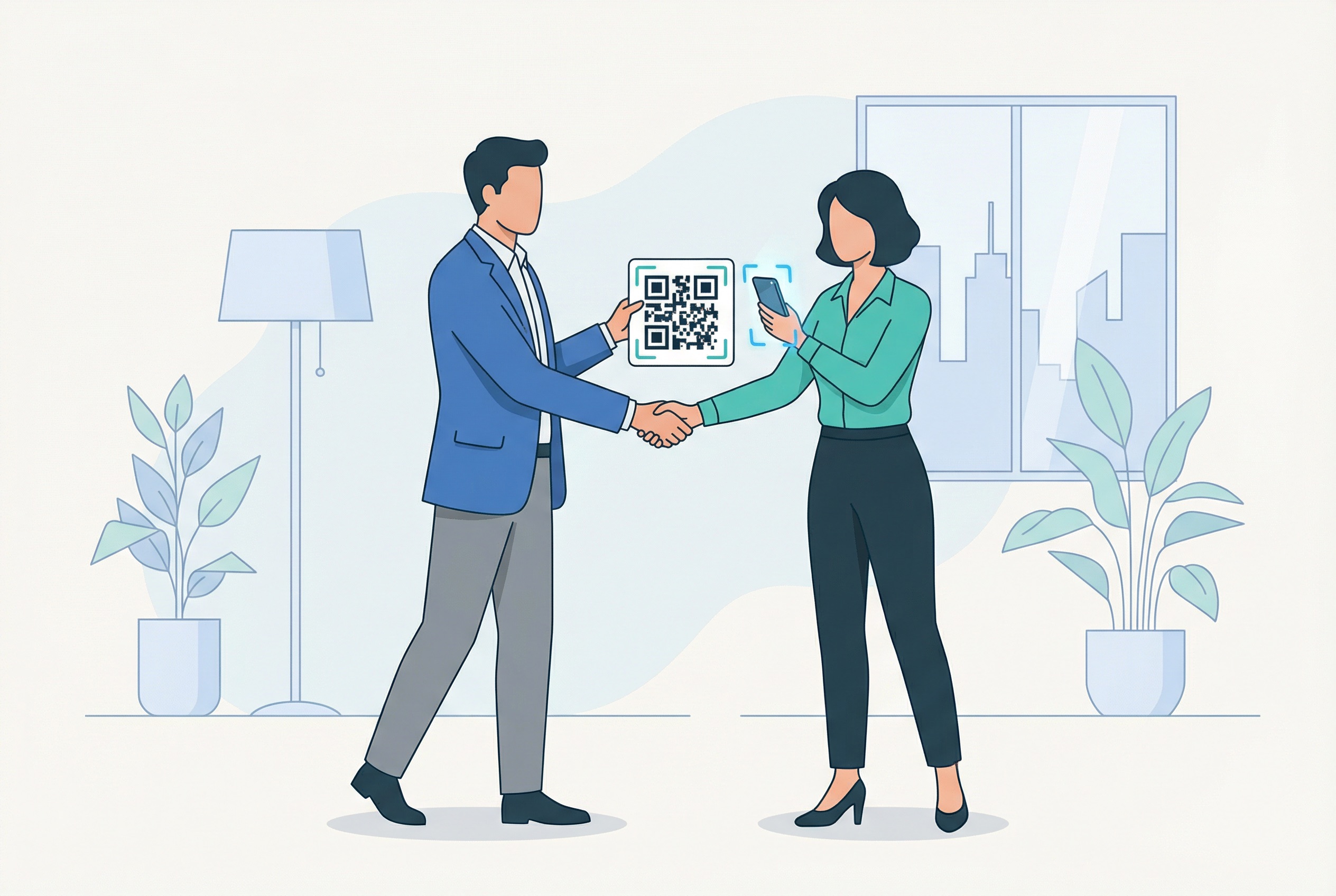 Professional exchanging a business card featuring a custom QR code that links to a digital vCard with contact details and LinkedIn profile