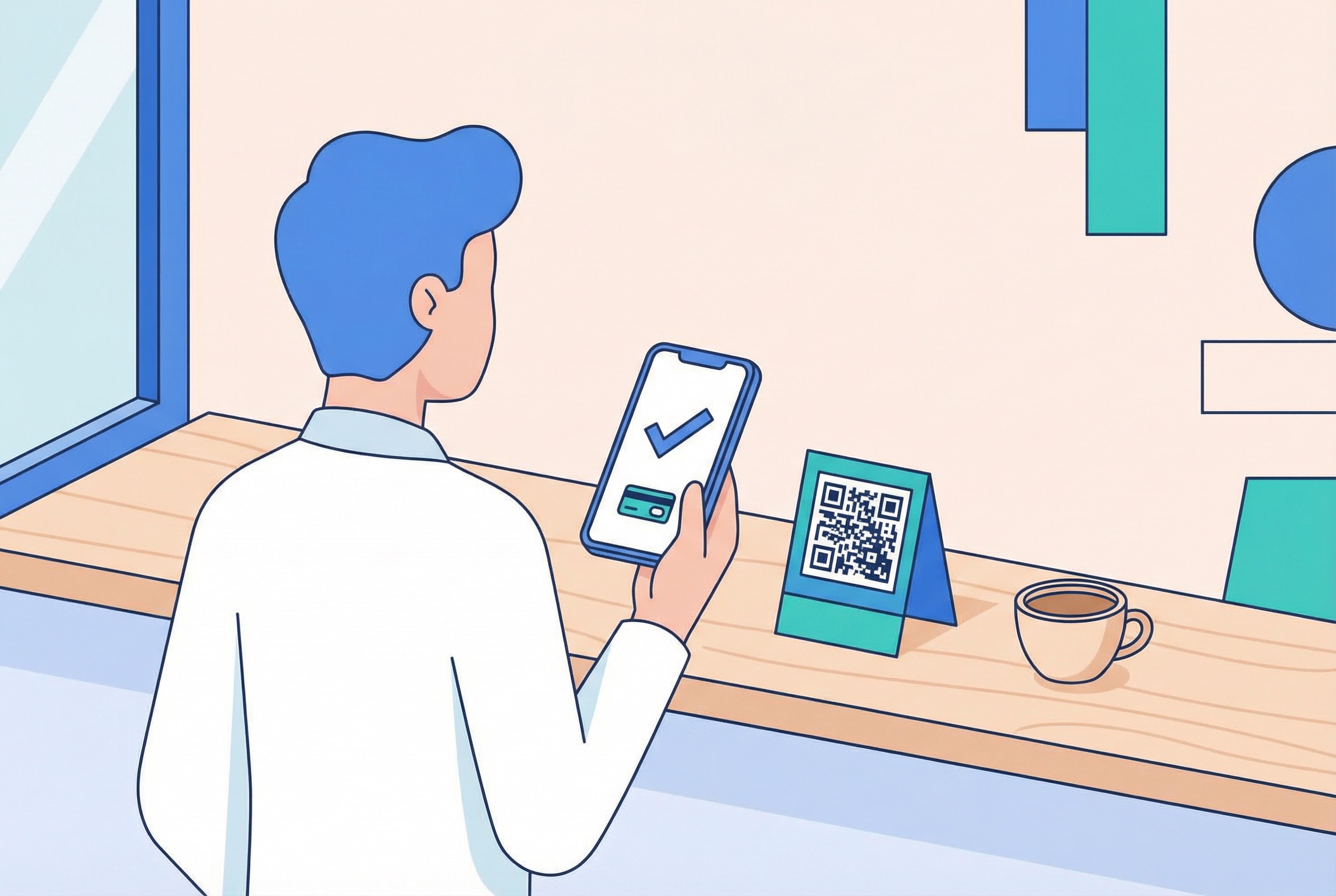 Person scanning a QR code at a café counter to make a contactless mobile payment in 2026