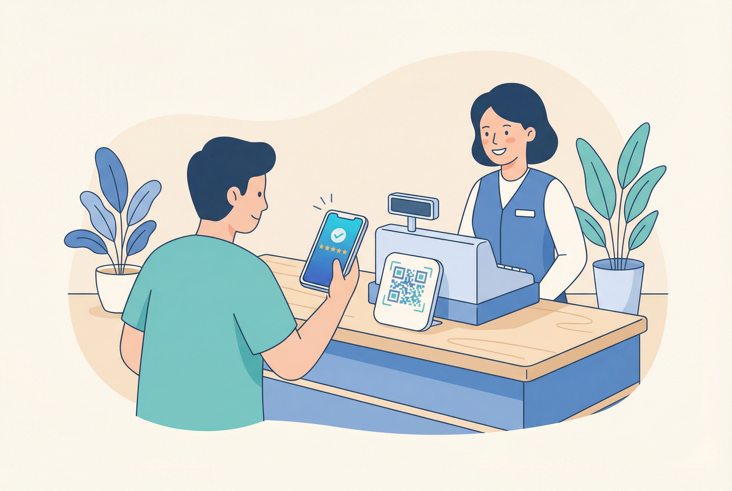 Customer using a smartphone to scan a feedback QR code at a retail checkout counter, submitting a star rating and comment