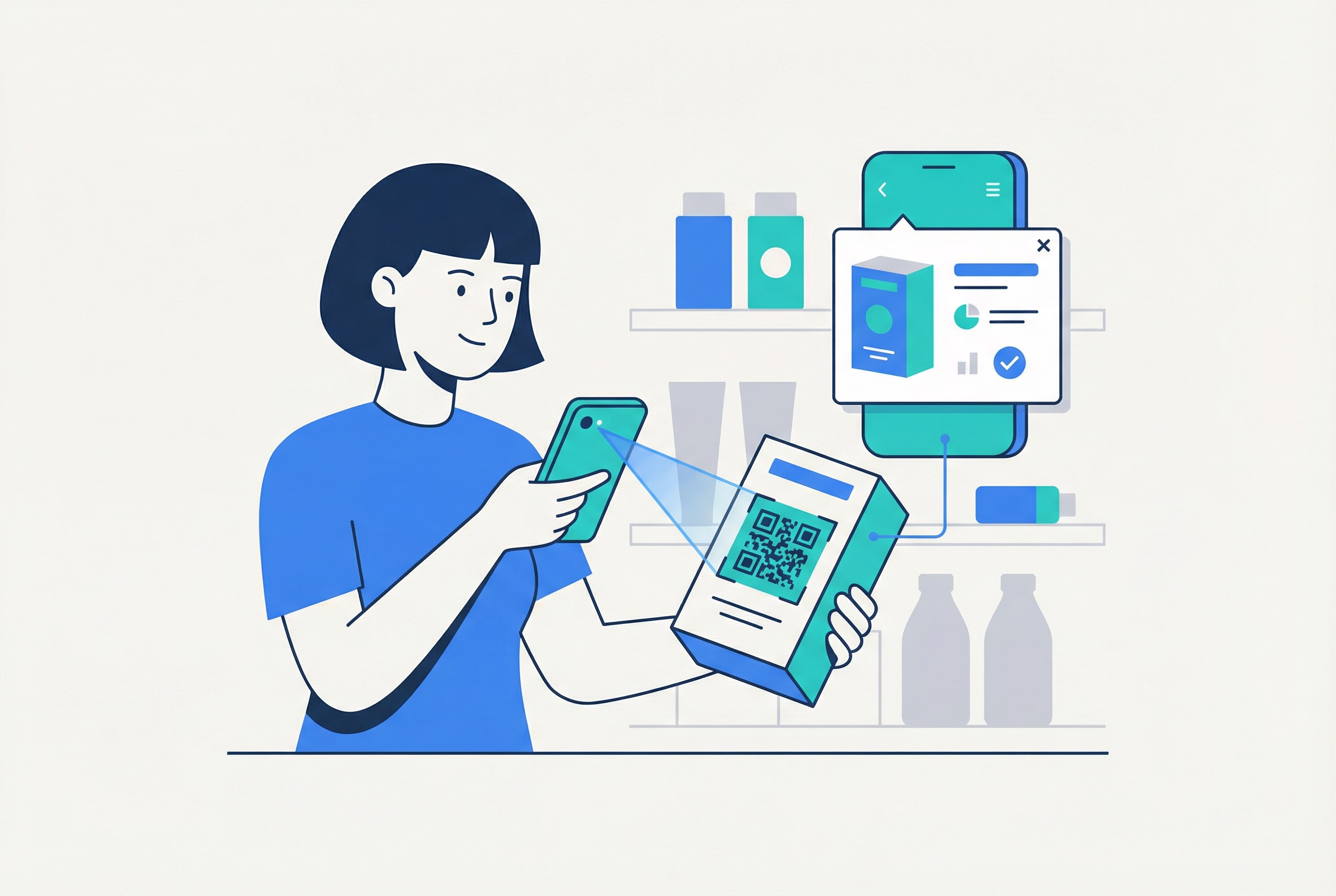 Consumer in a retail store scanning a QR code on product packaging to view ingredients, certifications, and detailed product information