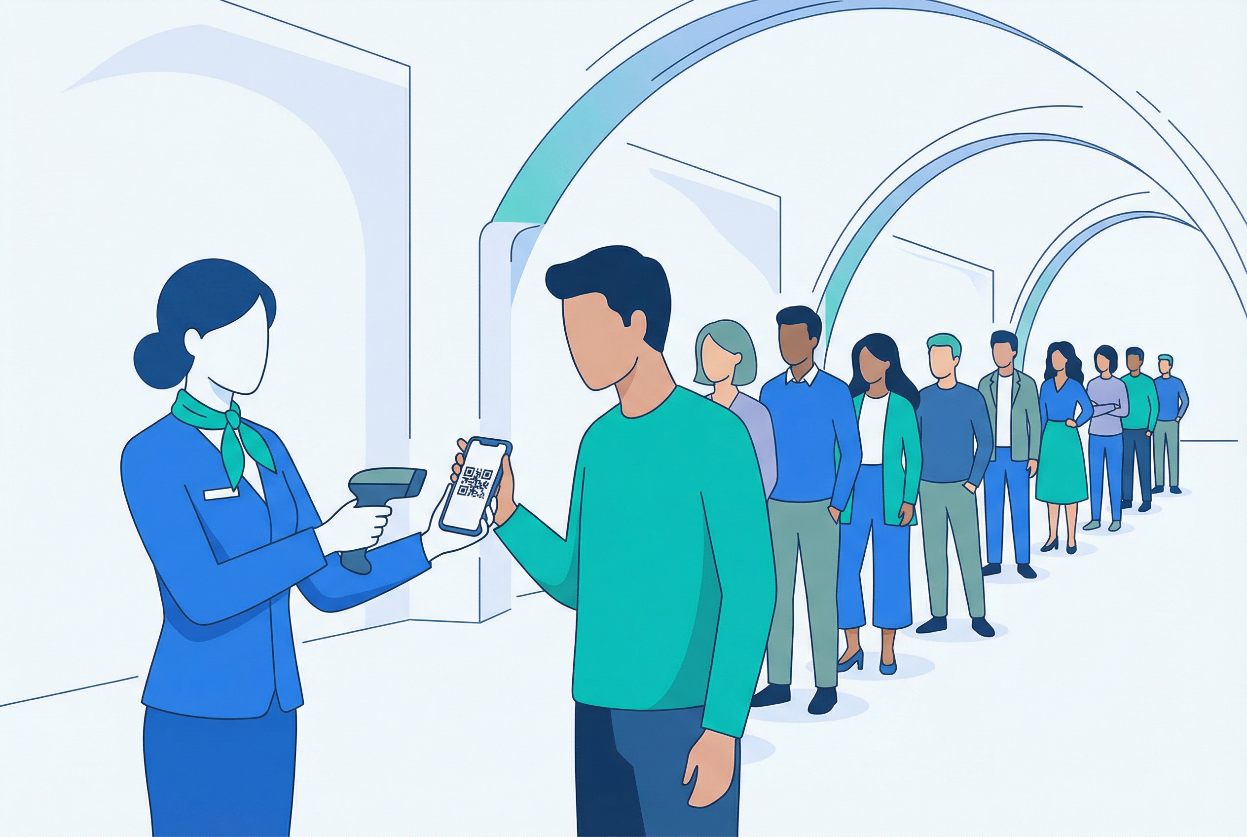 Event staff scanning a QR code on an attendee's smartphone at a venue entrance for contactless ticket verification and check-in