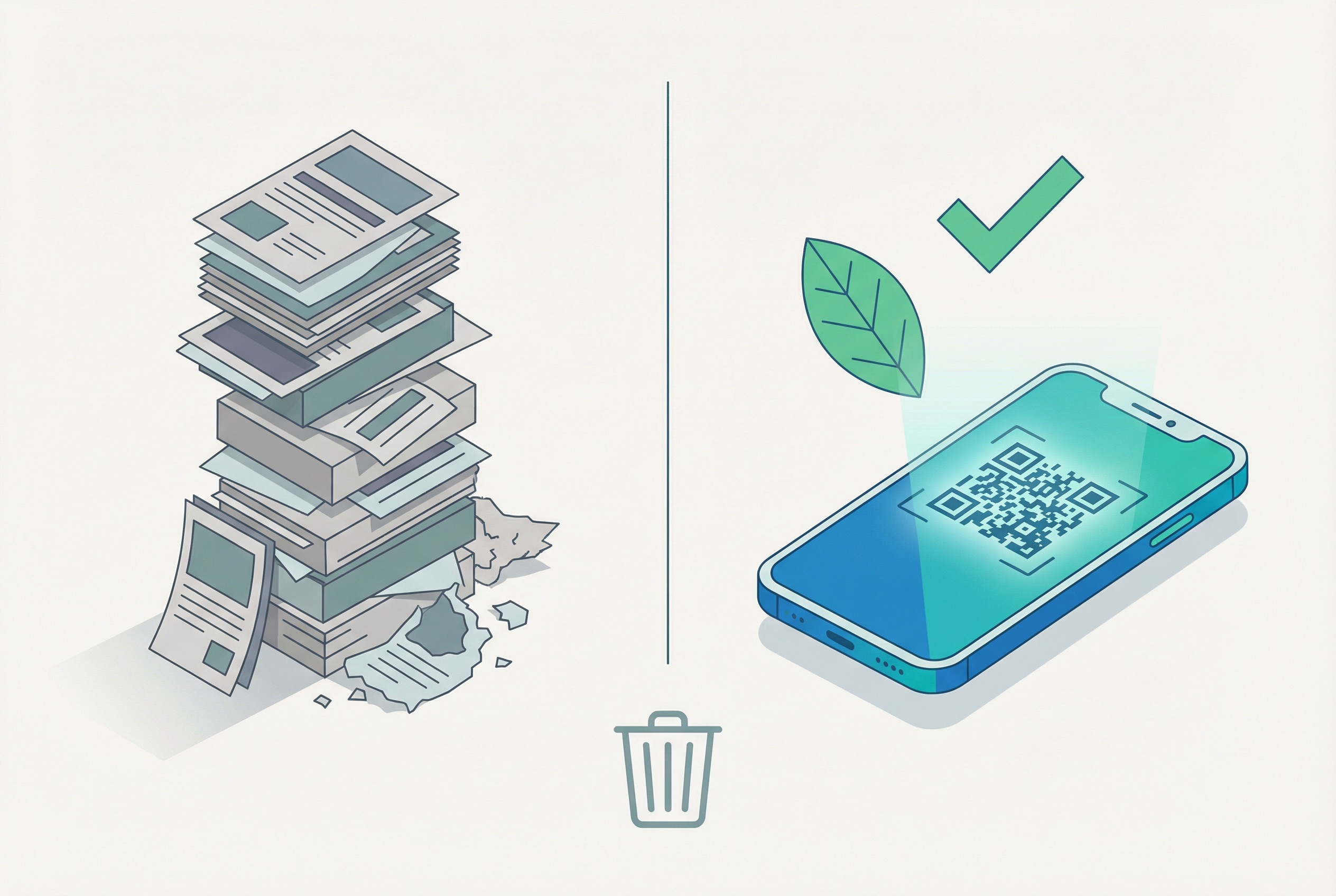 Side-by-side comparison of a large stack of printed marketing flyers versus a single smartphone displaying a QR code for sustainable digital marketing