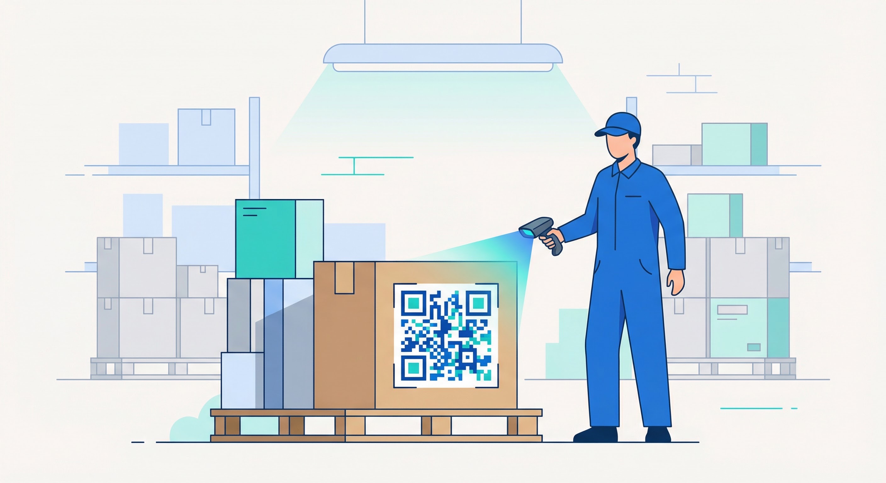 Warehouse worker in blue uniform scanning a QR code on a pallet box with a handheld scanner in a logistics facility