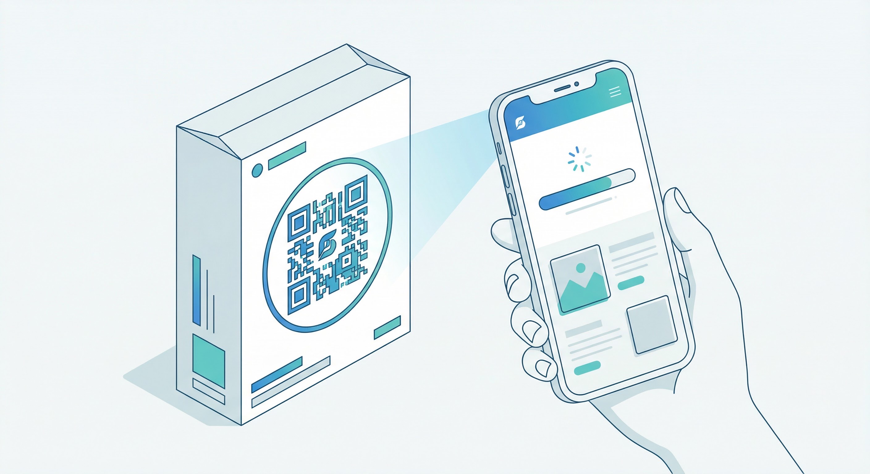Smartphone scanning a branded QR code on modern retail product packaging with a website landing page loading on screen