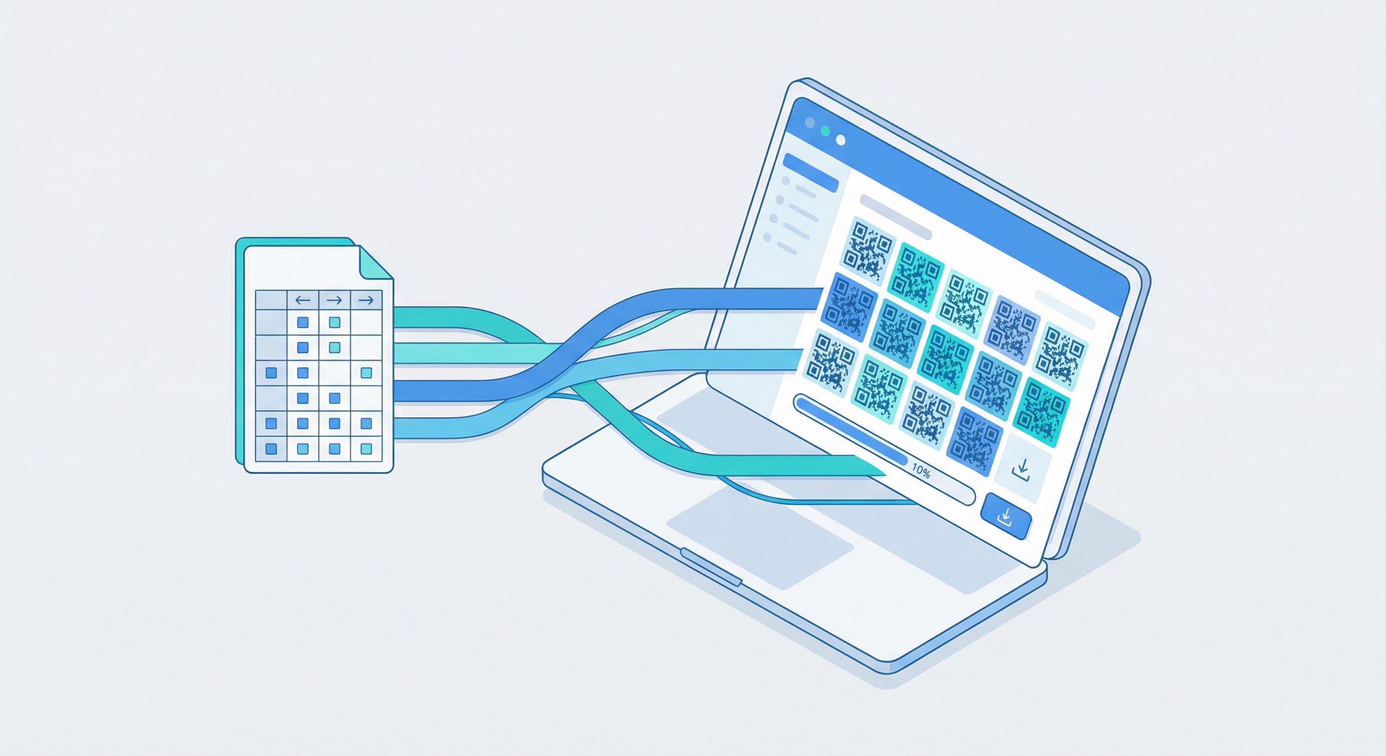Isometric illustration of a laptop dashboard generating a grid of bulk QR codes from a CSV file upload