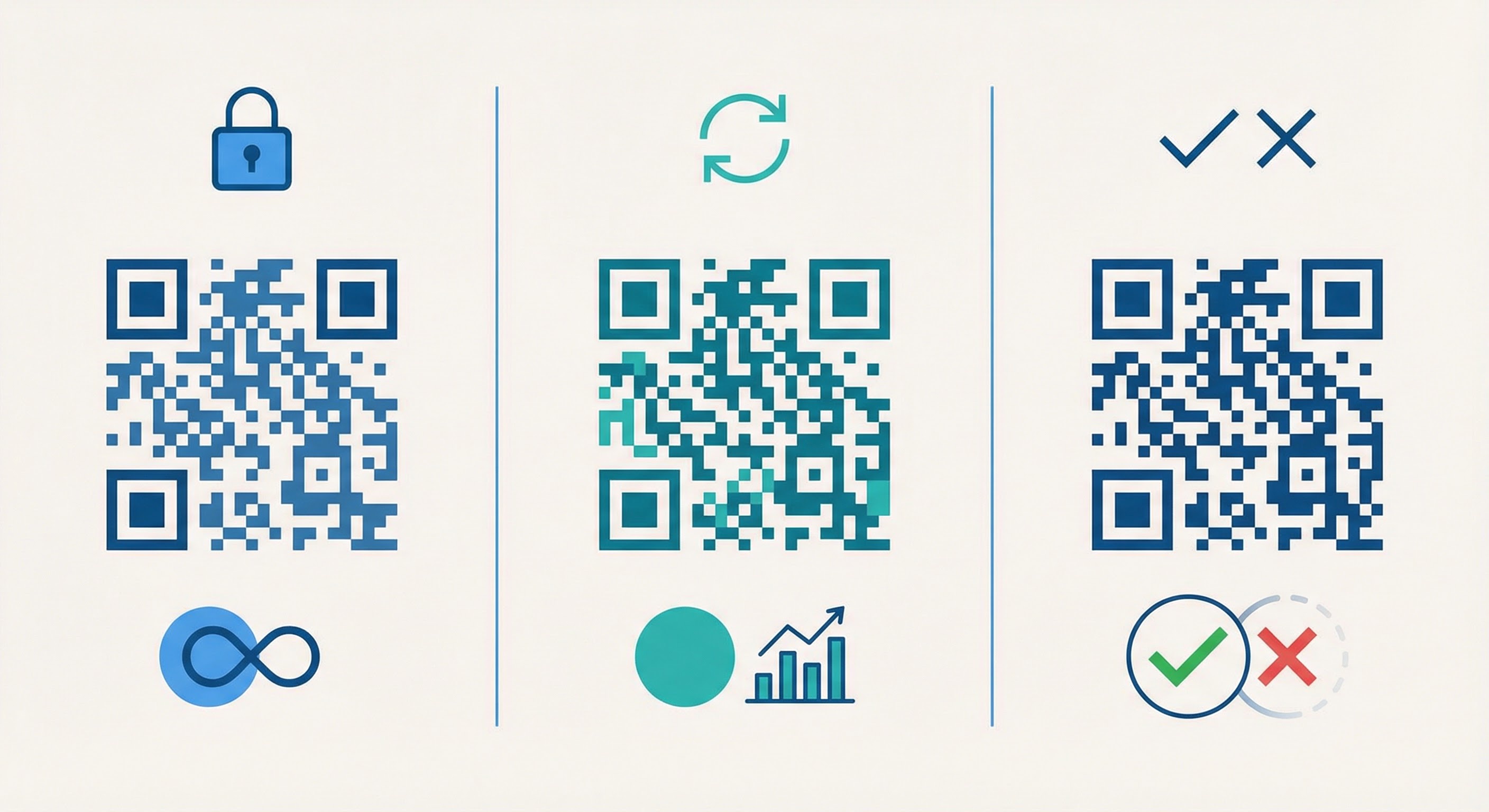 Side-by-side comparison of static bulk QR codes with a lock icon, dynamic bulk QR codes with an analytics chart, and single-use QR codes with a one-scan expiry indicator