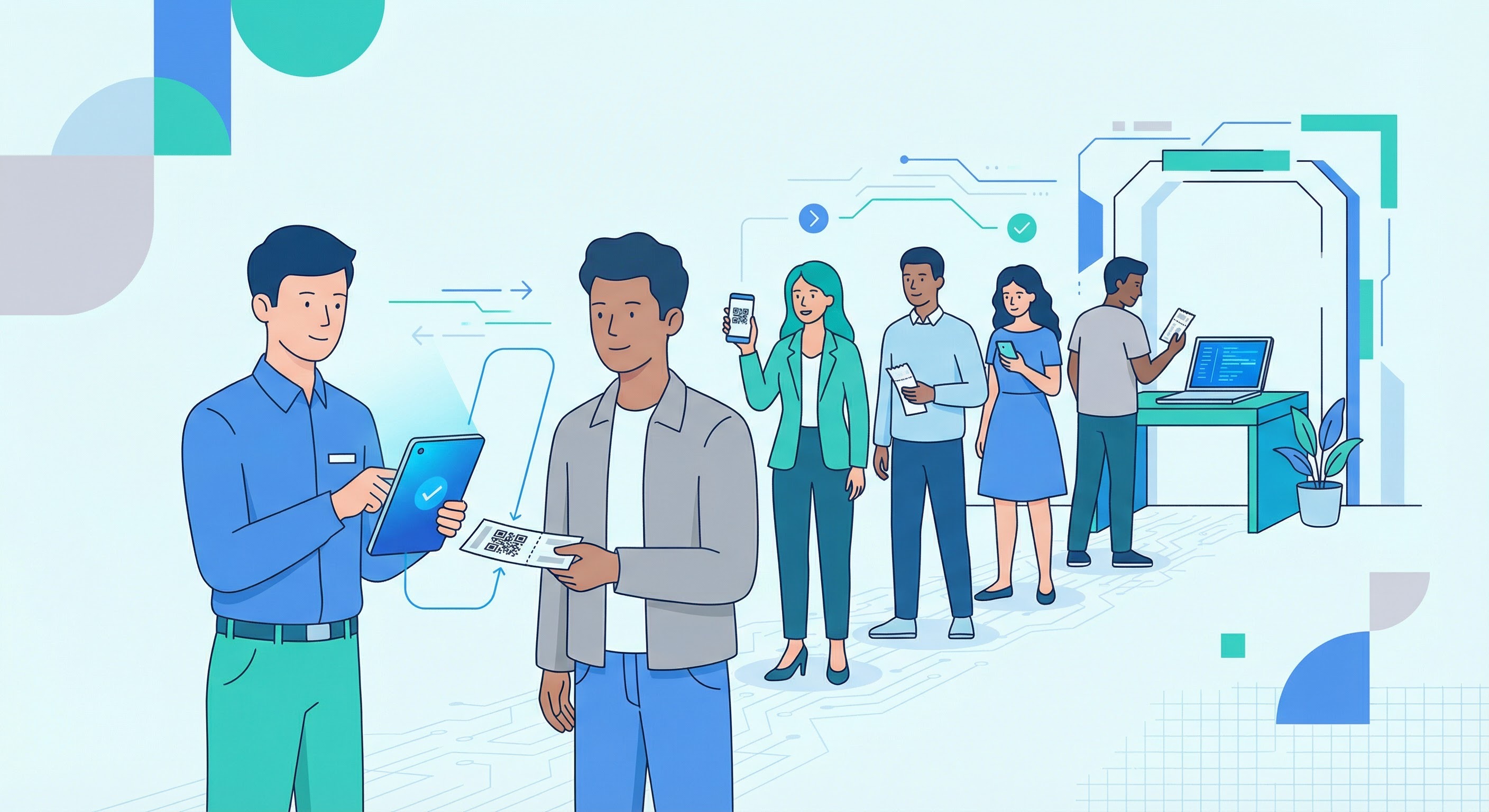 Event staff member scanning a bulk QR code ticket at a venue entrance while a queue of attendees hold smartphones and printed QR tickets for check-in