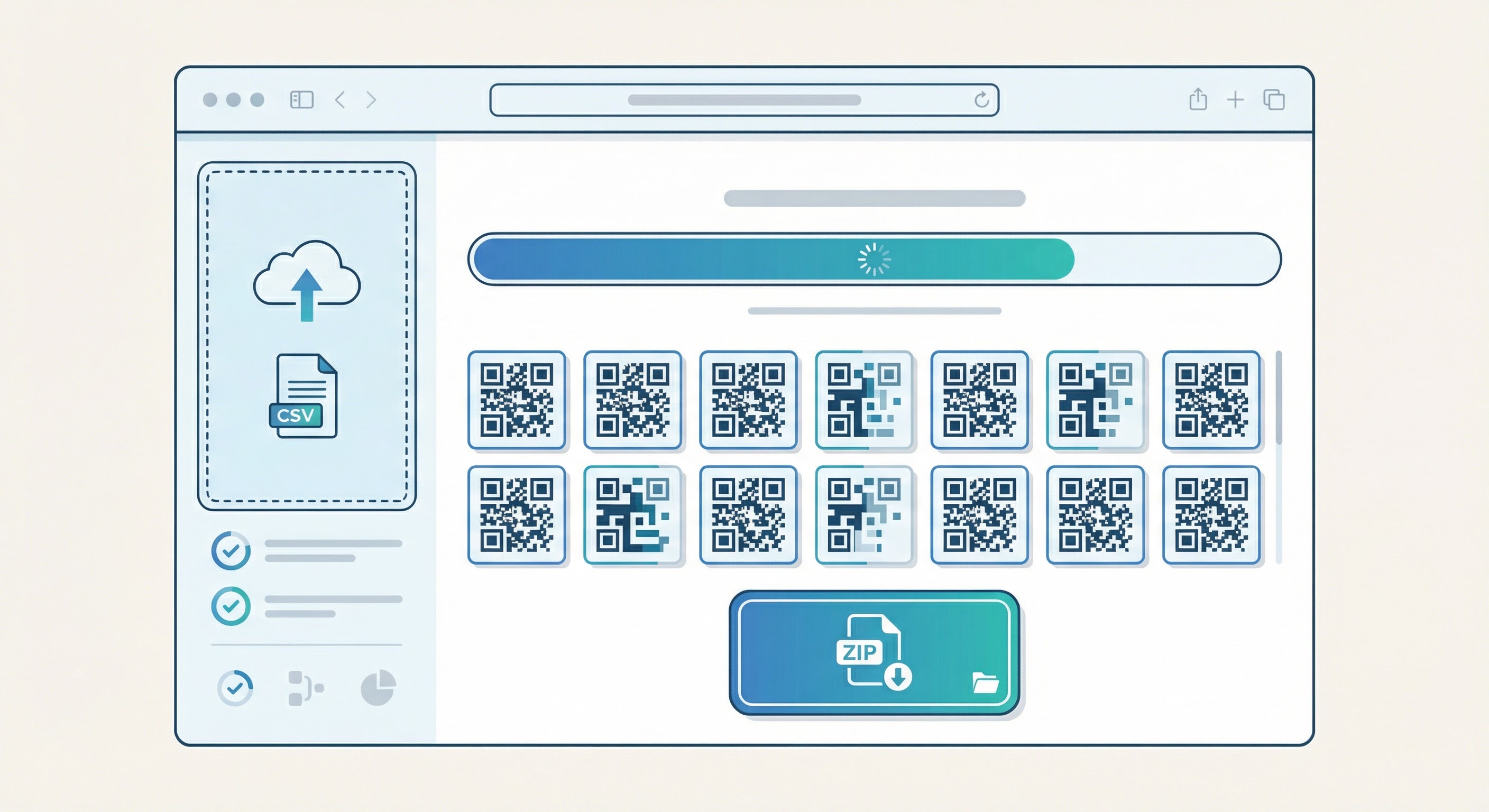 Bulk QR code generator dashboard interface showing a CSV file upload panel on the left and a grid of generated QR codes populating on the right with a download button