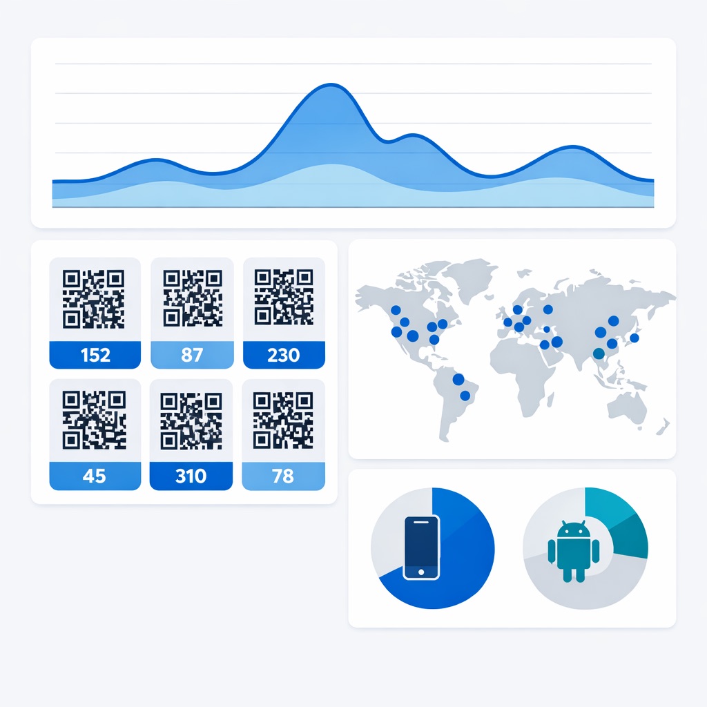 QR code analytics dashboard showing individual scan counts per bulk code, a world map with geographic scan locations, and iOS versus Android device breakdown charts