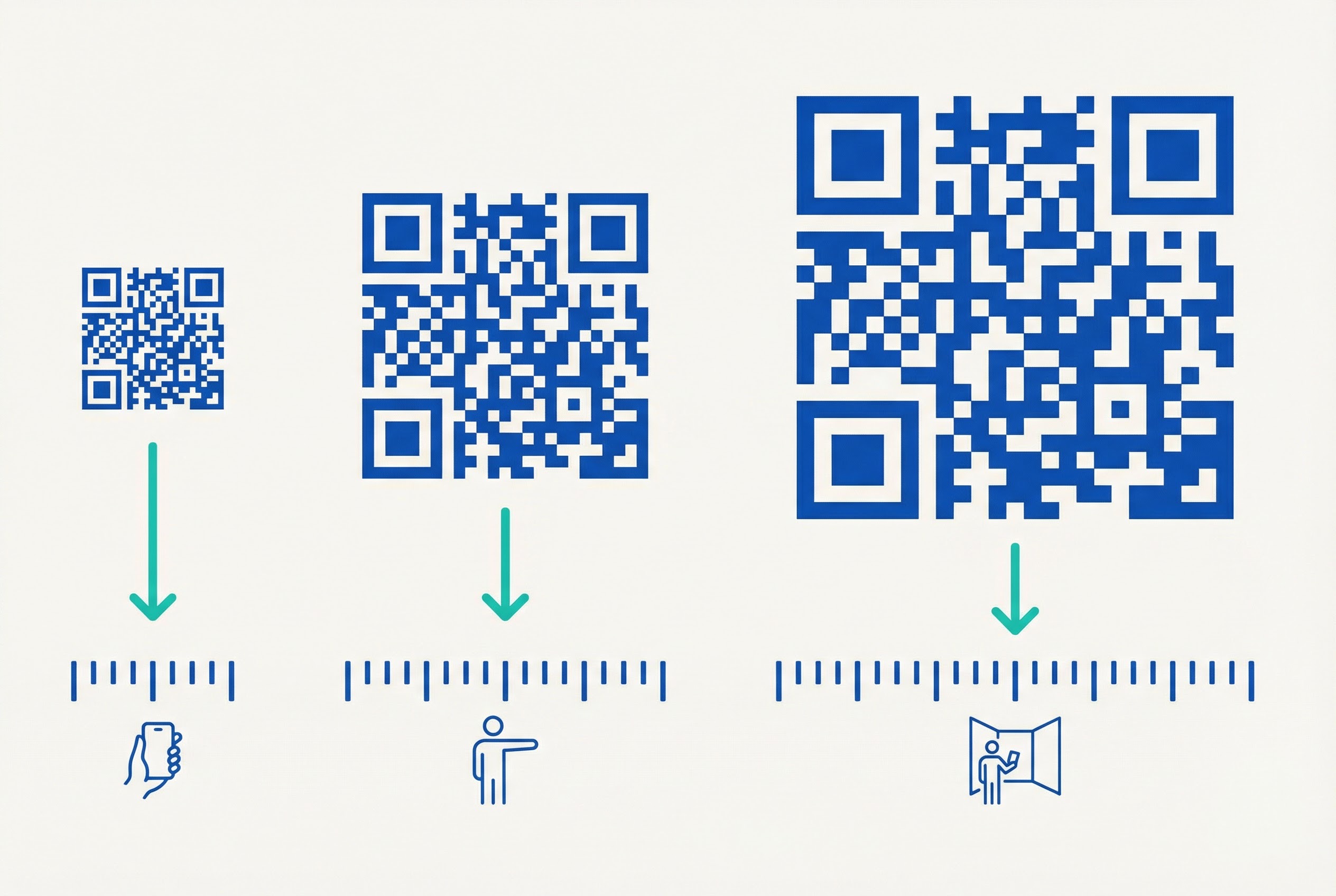 Three QR codes at progressively larger sizes showing the correct sizing relationship between code dimensions and scanning distance