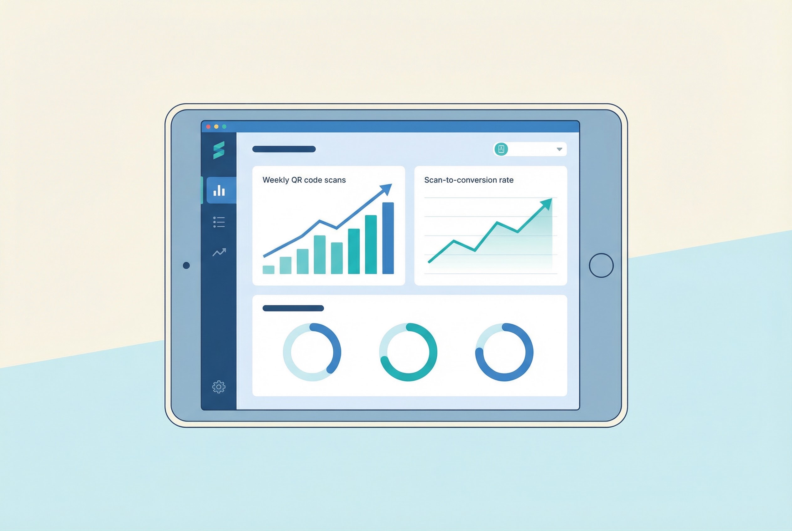 QR code analytics dashboard showing weekly scan rate bar chart and scan-to-conversion trend line on a tablet screen