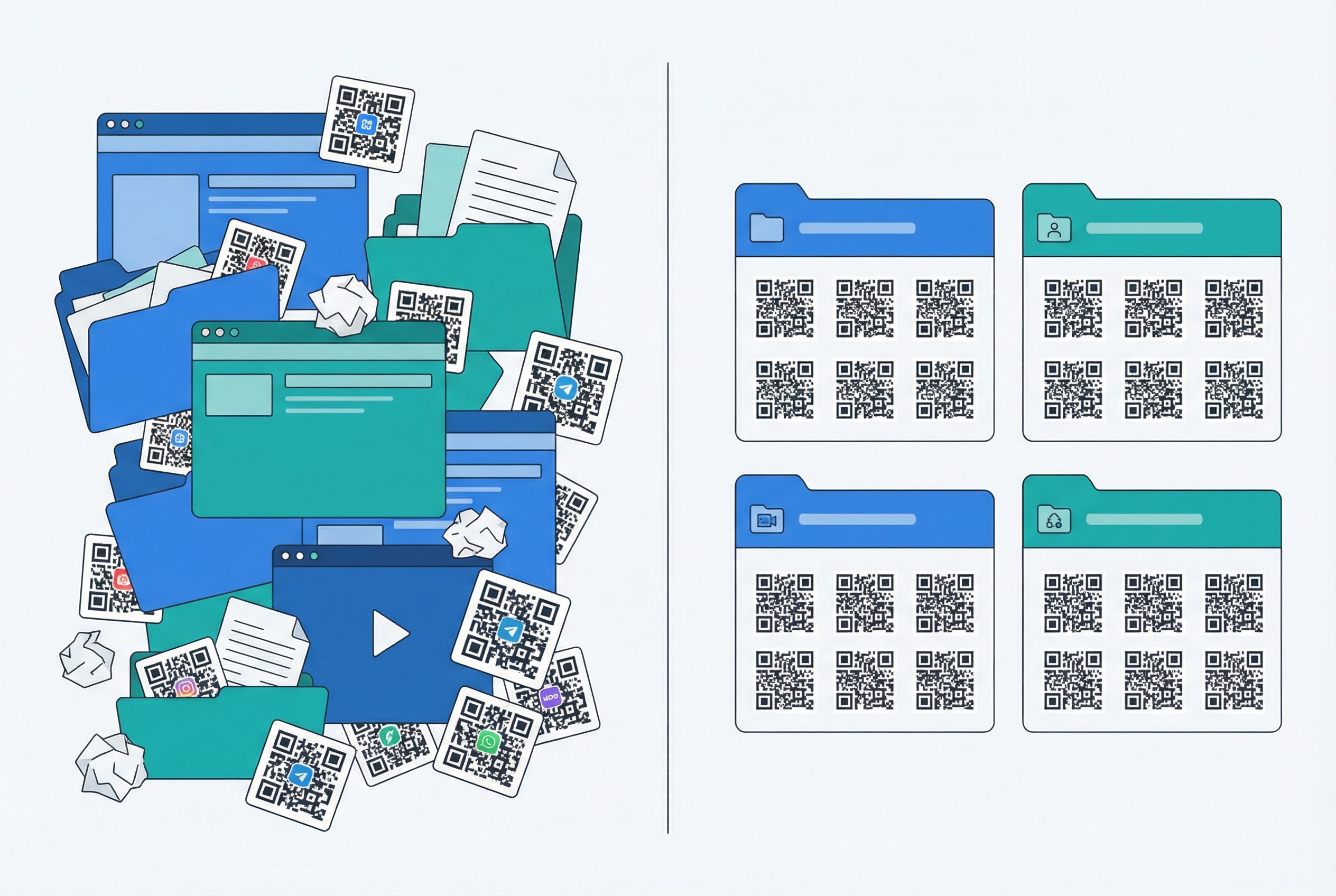 Split illustration showing chaotic disorganized QR codes scattered across multiple apps on the left versus a clean organized campaign folder structure on the right