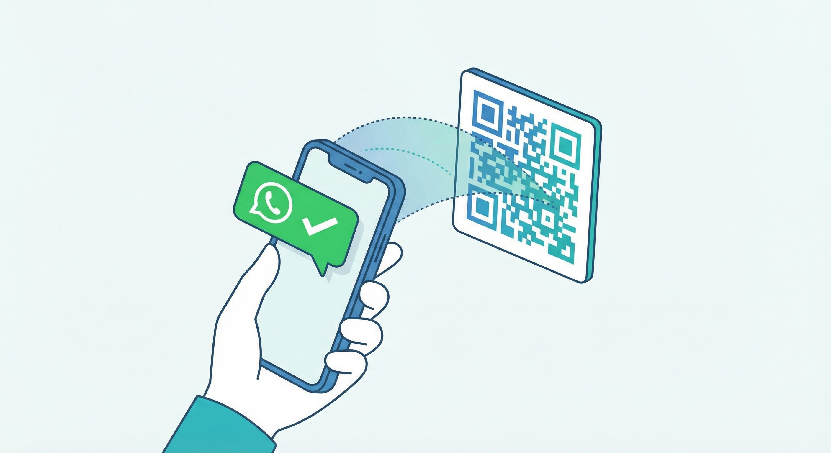 Smartphone camera scanning a WhatsApp QR code with a green chat bubble appearing on screen confirming the connection