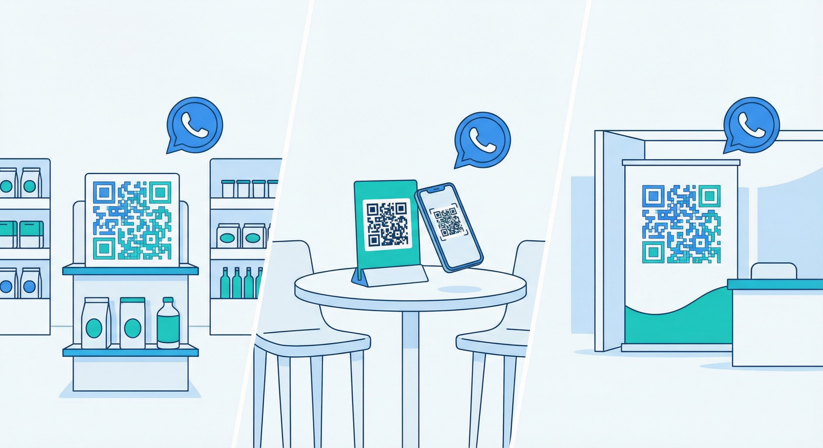 Three industry scenes showing WhatsApp QR codes deployed in a retail store, a restaurant table card, and a trade show booth