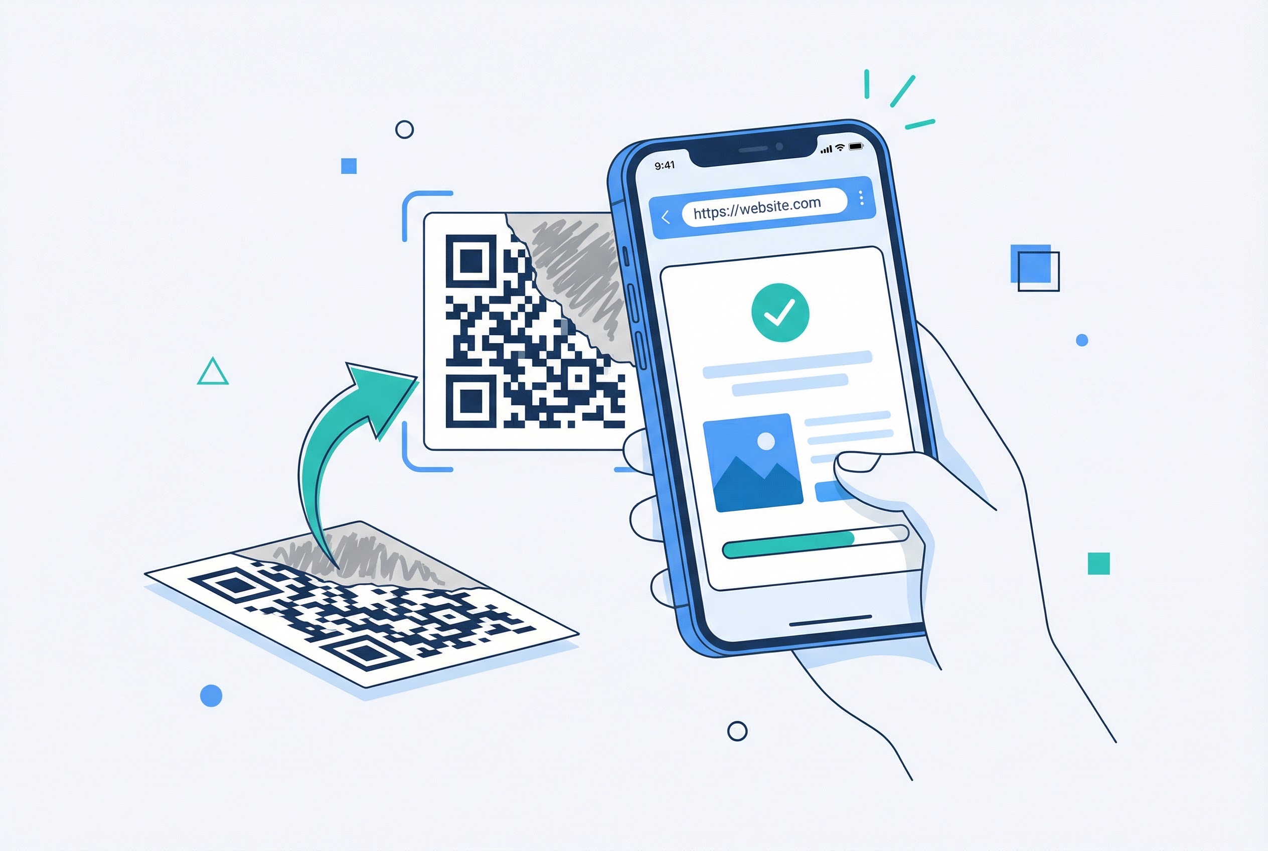 Smartphone successfully scanning a partially damaged QR code with a torn corner, showing Reed-Solomon error correction restoring the full data