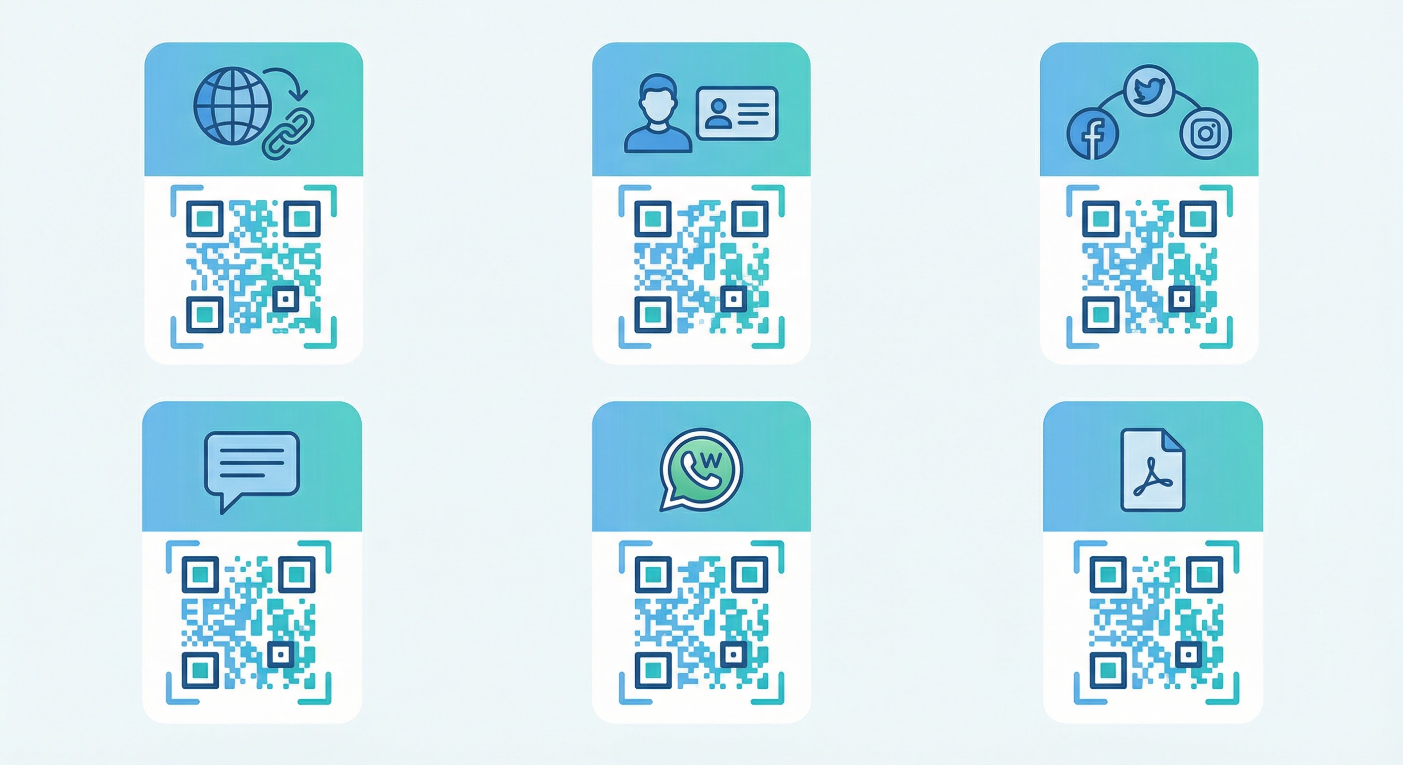 Six QR code campaign type icons in a grid showing URL, vCard, social media, SMS, WhatsApp, and PDF QR code types for marketing campaigns