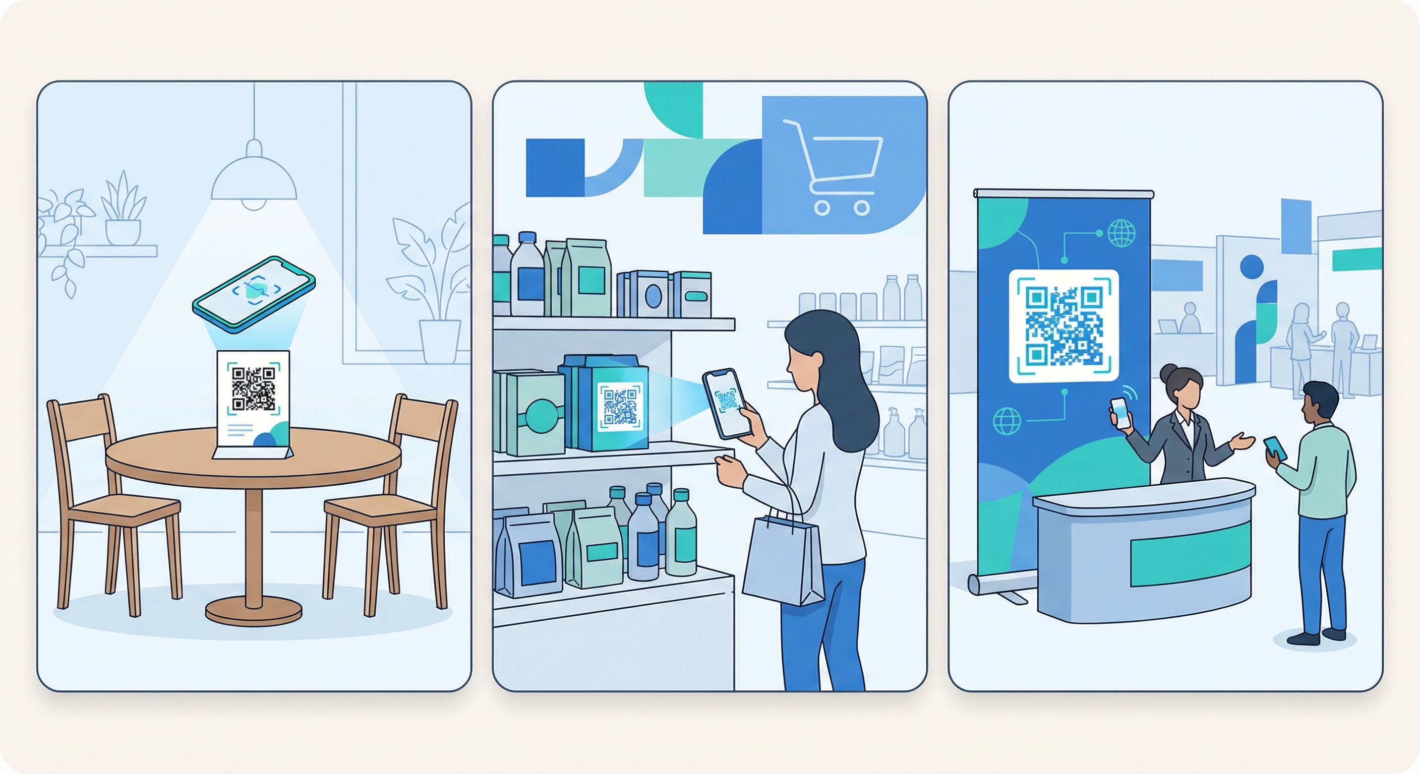 Three-panel illustration showing QR code marketing in a restaurant setting, a retail store, and an event conference booth with attendees networking