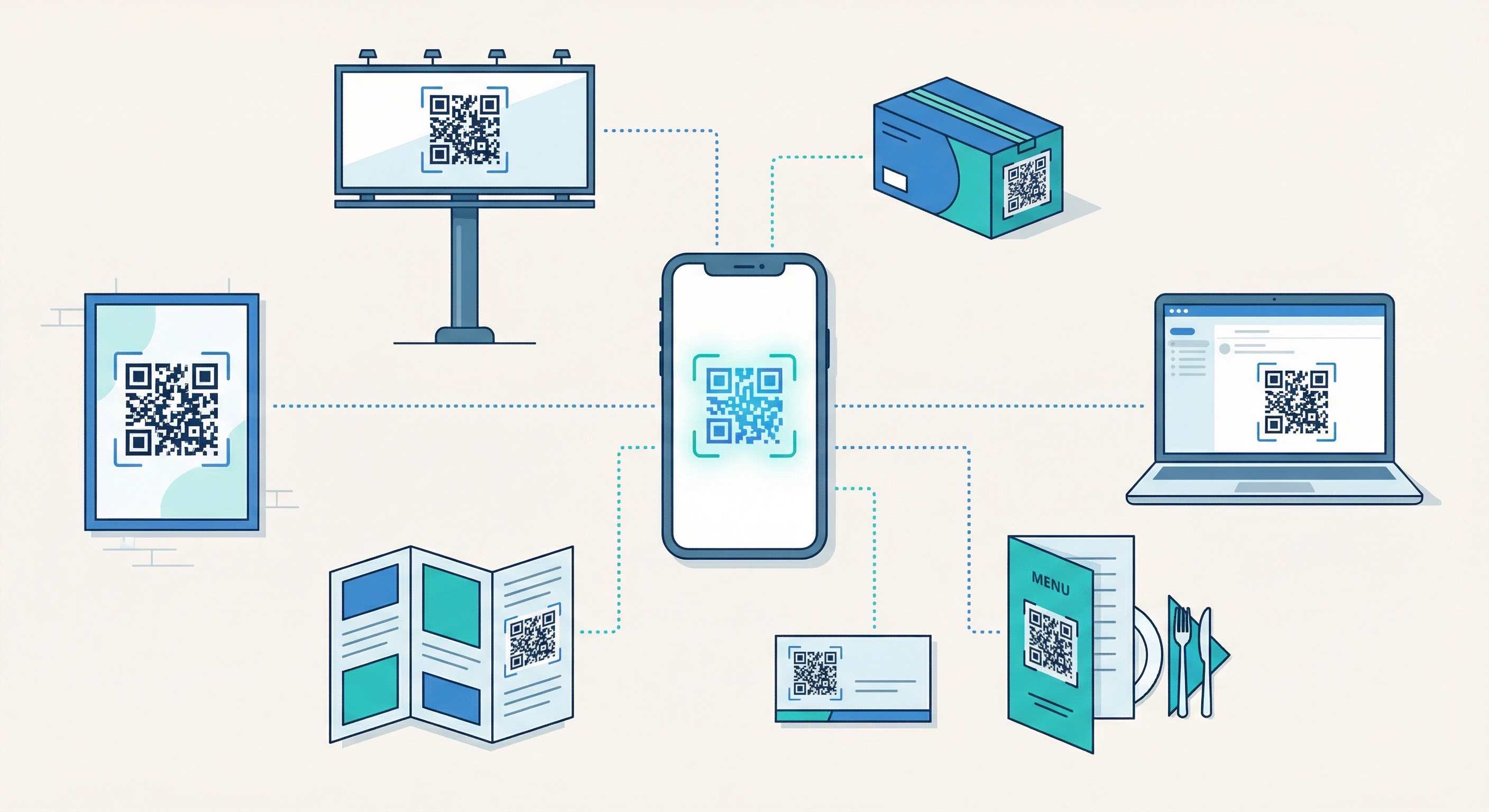 QR codes placed on seven physical marketing channels: billboard, product packaging, poster, restaurant menu, brochure, business card, and email on laptop screen
