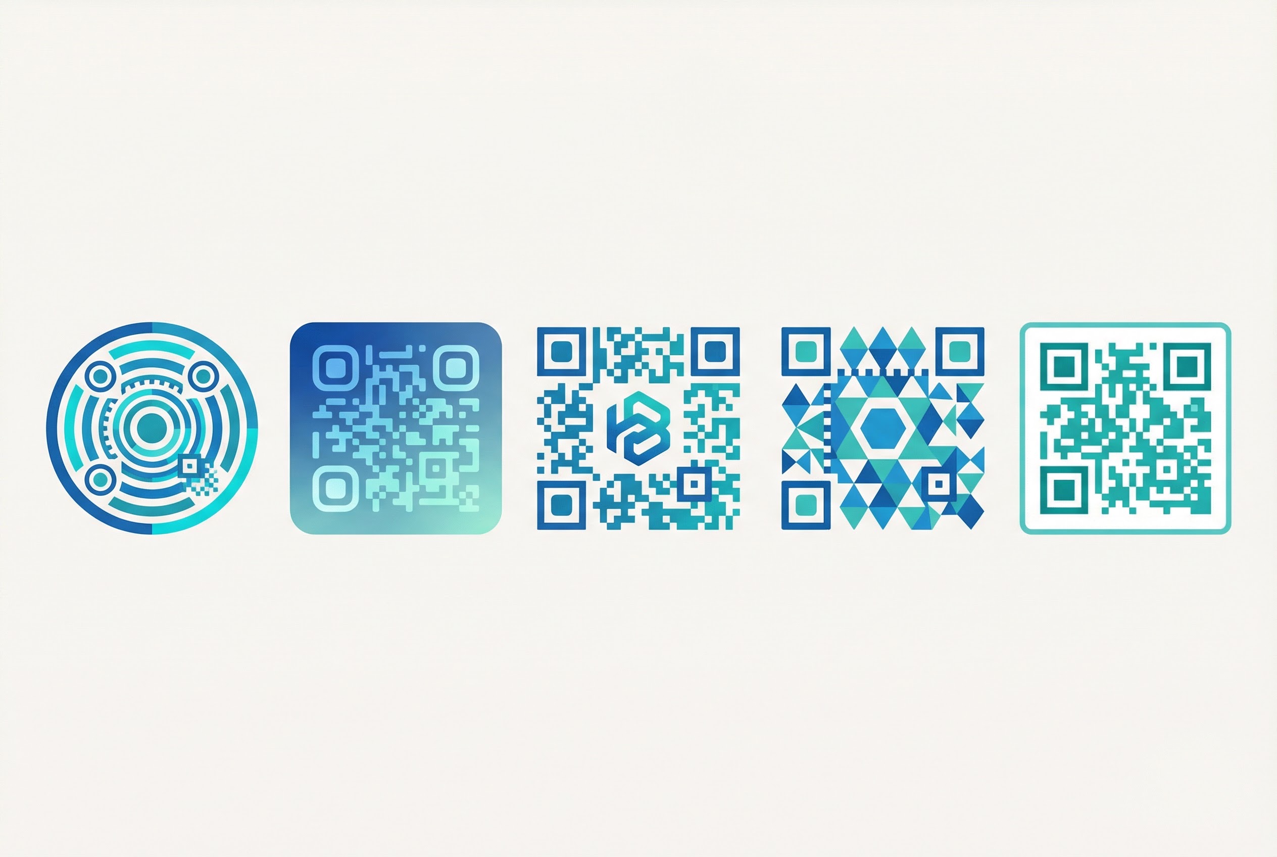Collection of custom-designed QR codes in different brand colors, shapes, and styles showing creative QR code design possibilities
