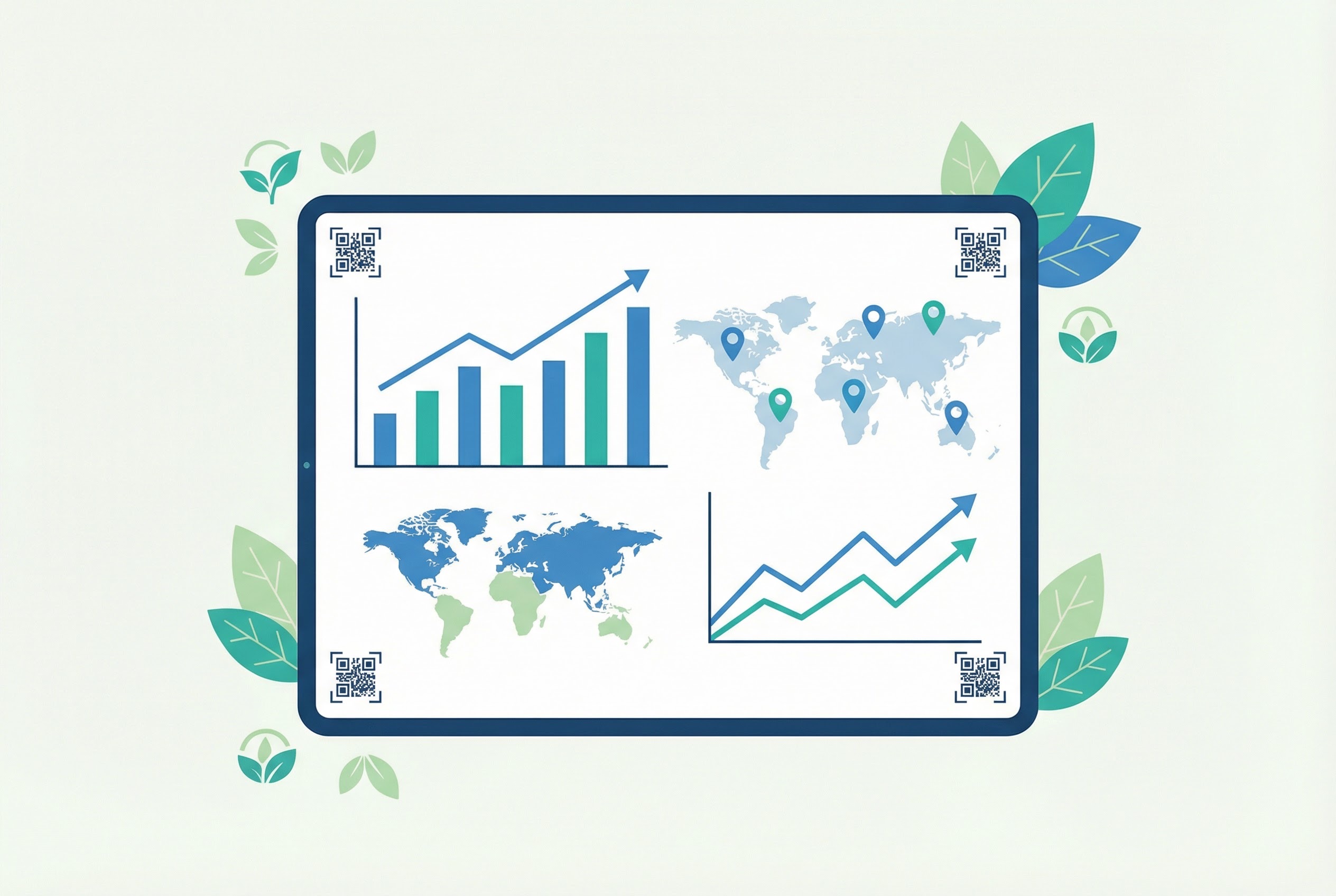 Analytics dashboard with QR code scan engagement charts, global location map pins, and rising loyalty metrics for a sustainable brand campaign