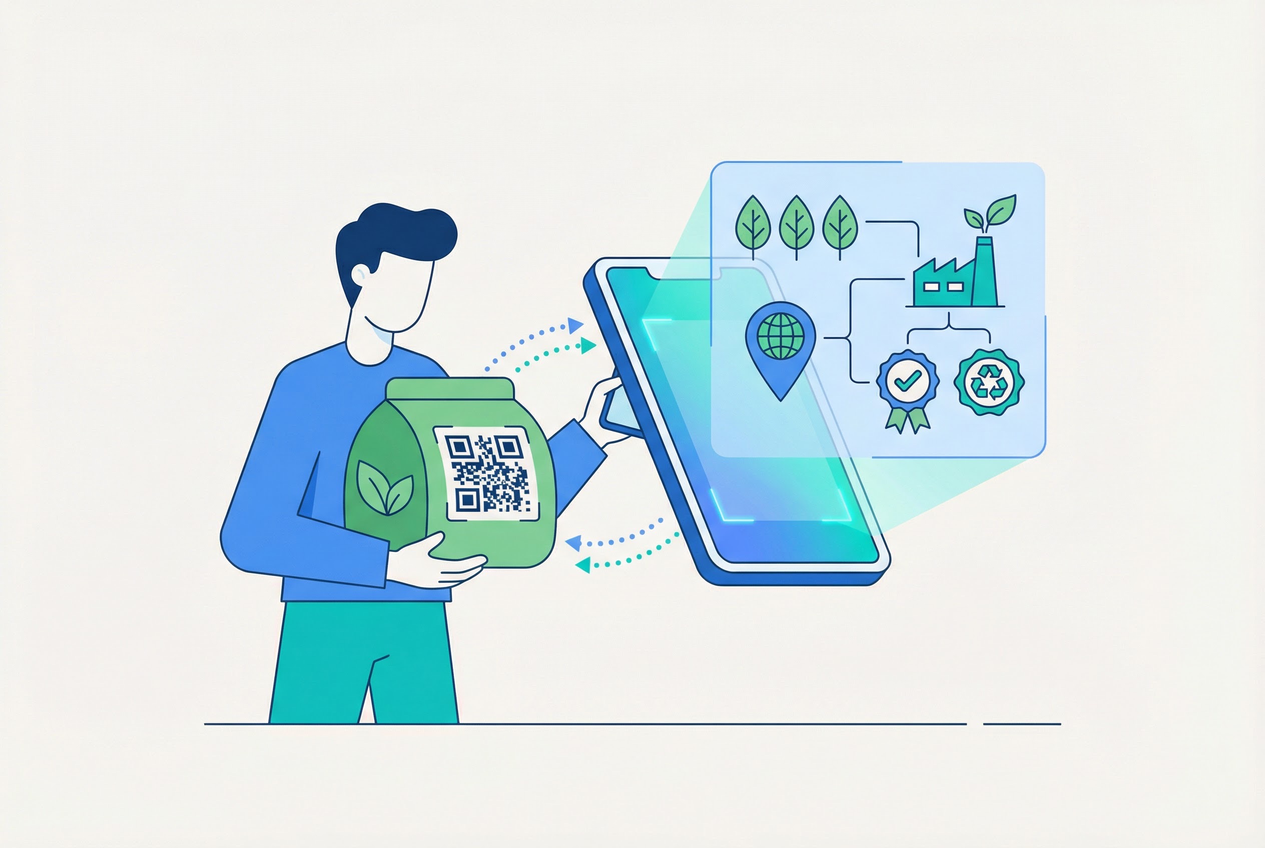 Consumer scanning a QR code on eco-friendly packaging to view supply chain sourcing data and sustainability certifications on a smartphone screen