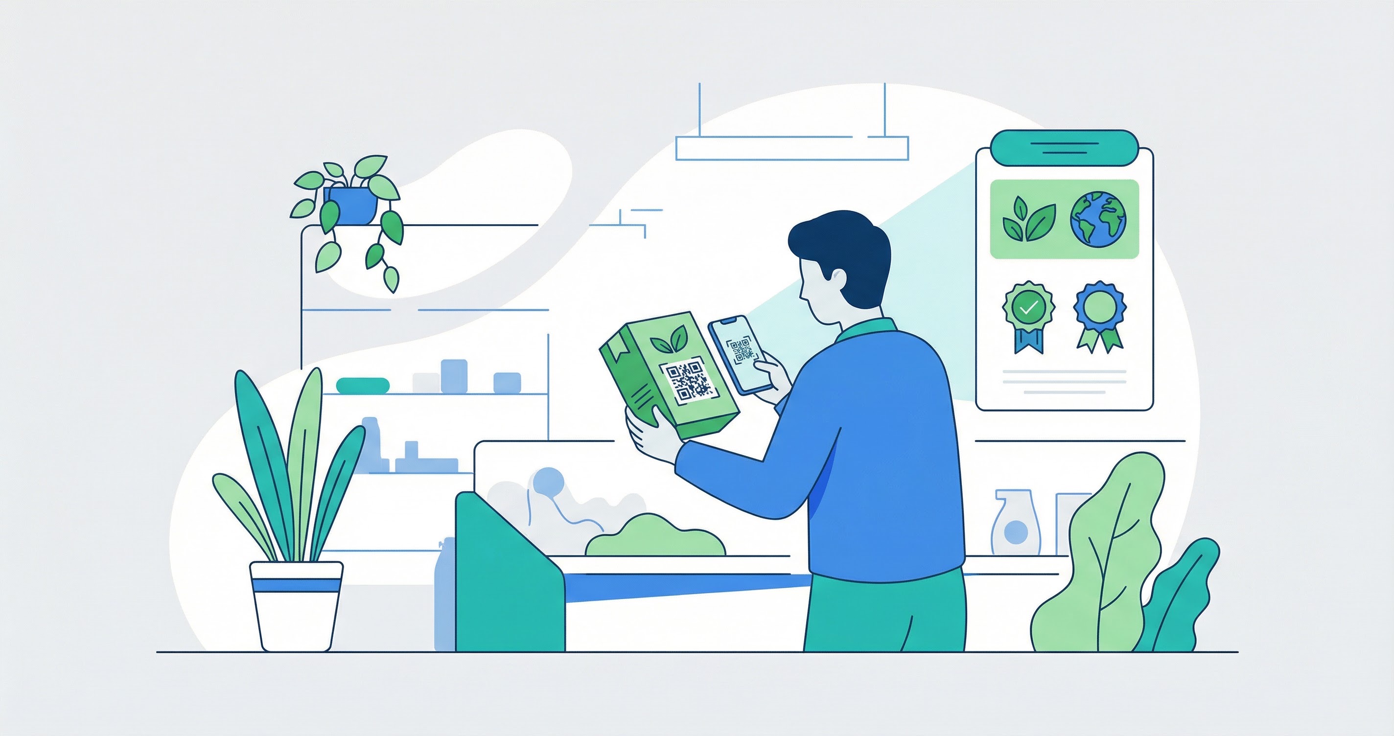 Eco-aware shopper scanning a QR code on sustainable product packaging in a retail store