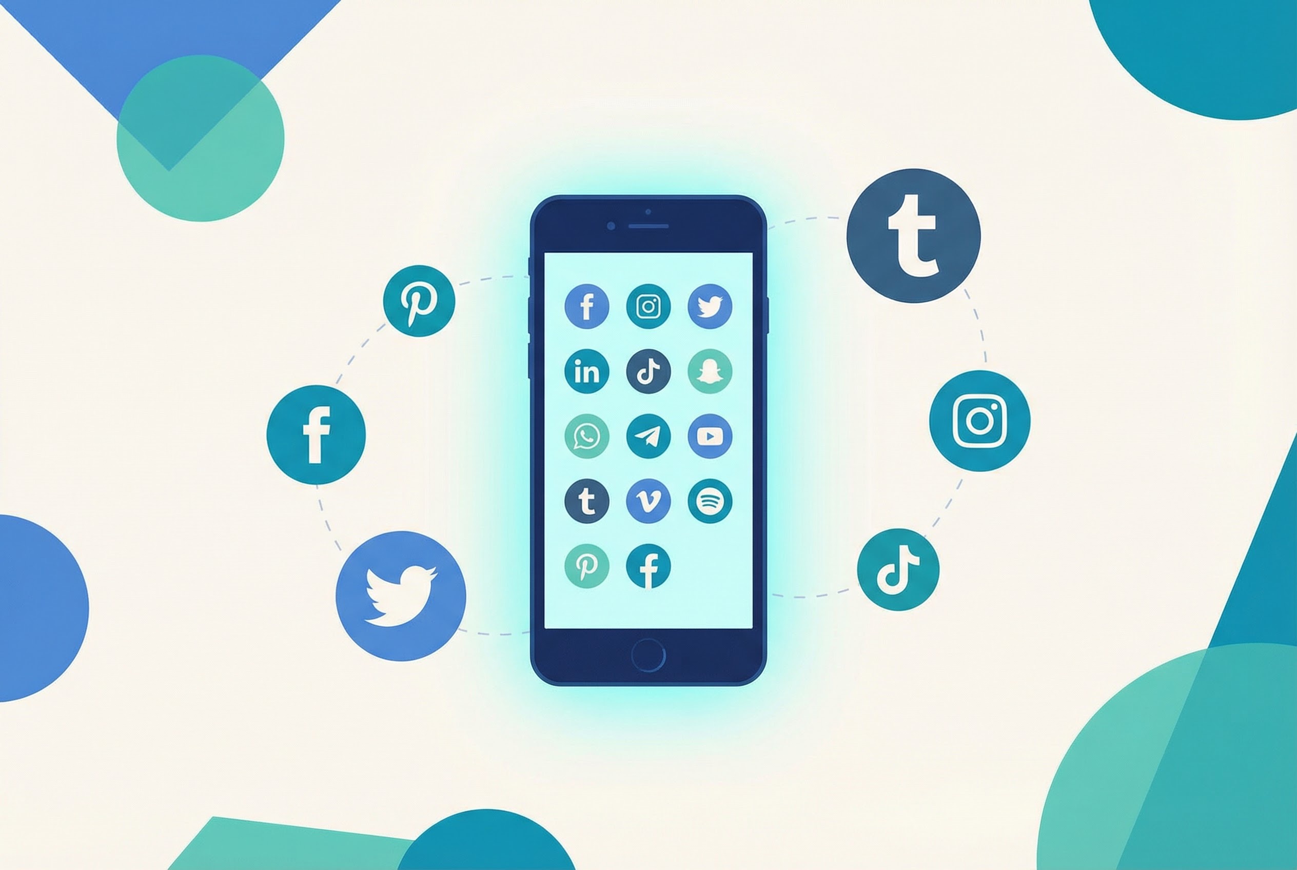 Smartphone screen displaying a branded social media hub palette after scanning a QR code, showing icons for Instagram, TikTok, LinkedIn, and Facebook