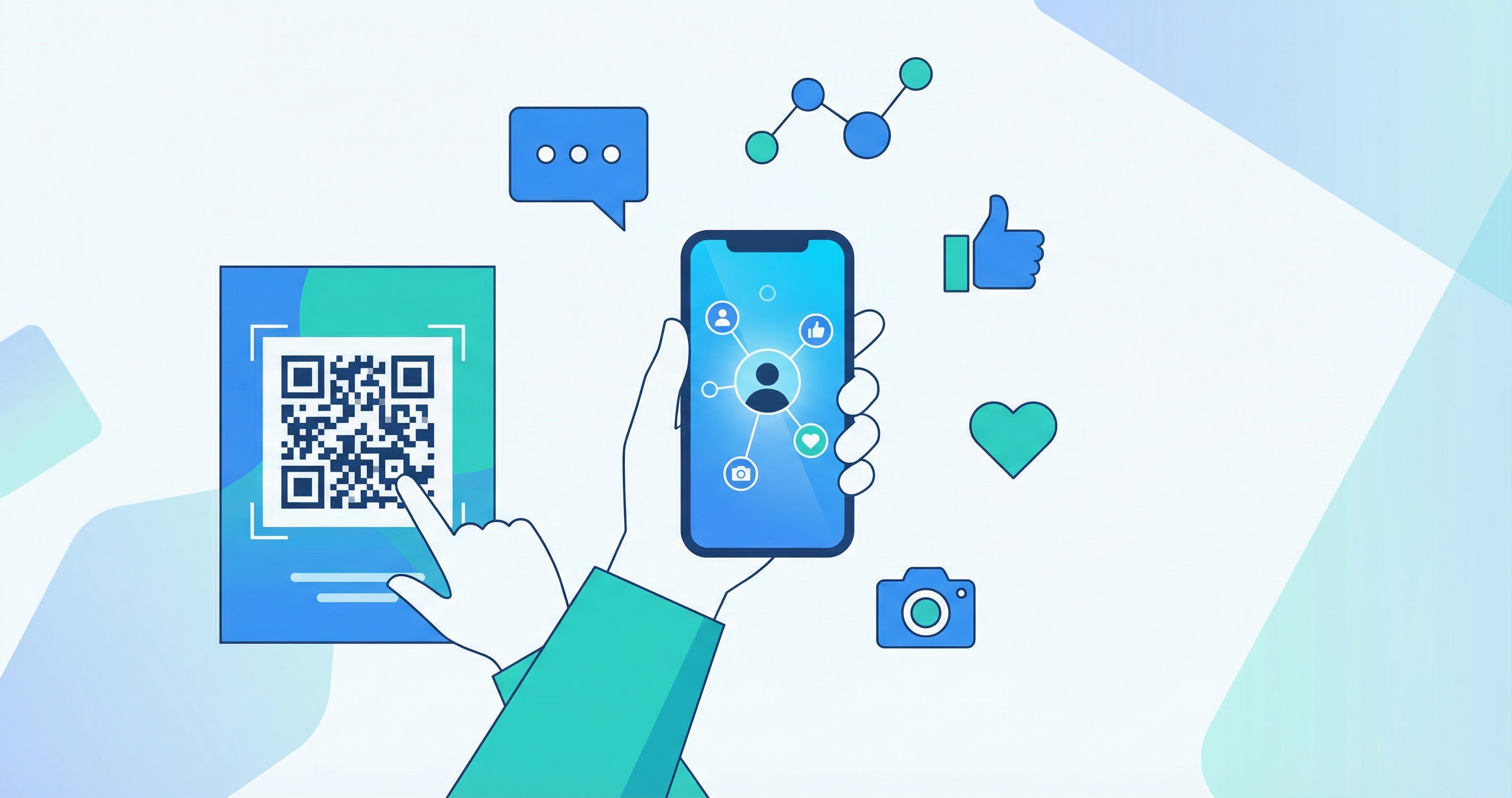 Flat illustration of a smartphone displaying a social media QR code hub with icons for multiple platforms on a light blue background