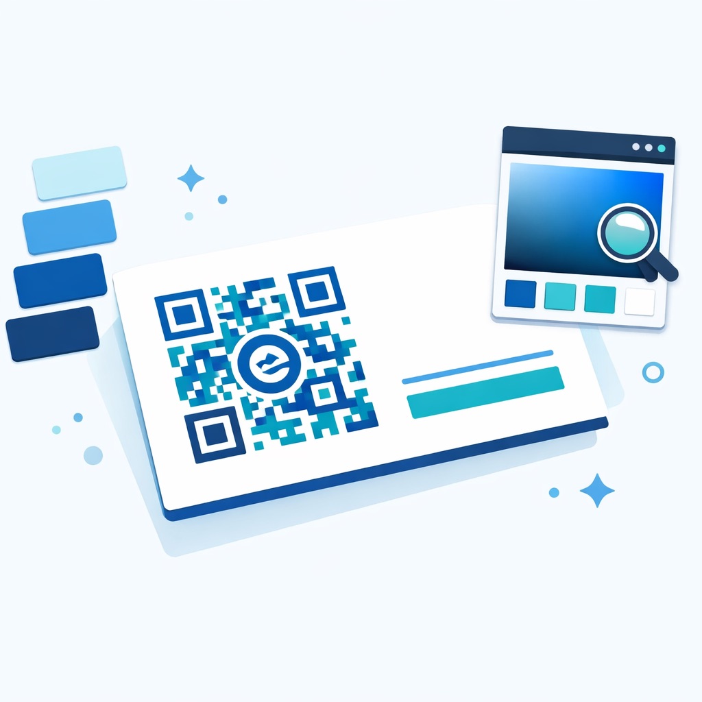 Stylized business card layout showing optimal QR code placement with brand colors, logo, and a clear call-to-action label