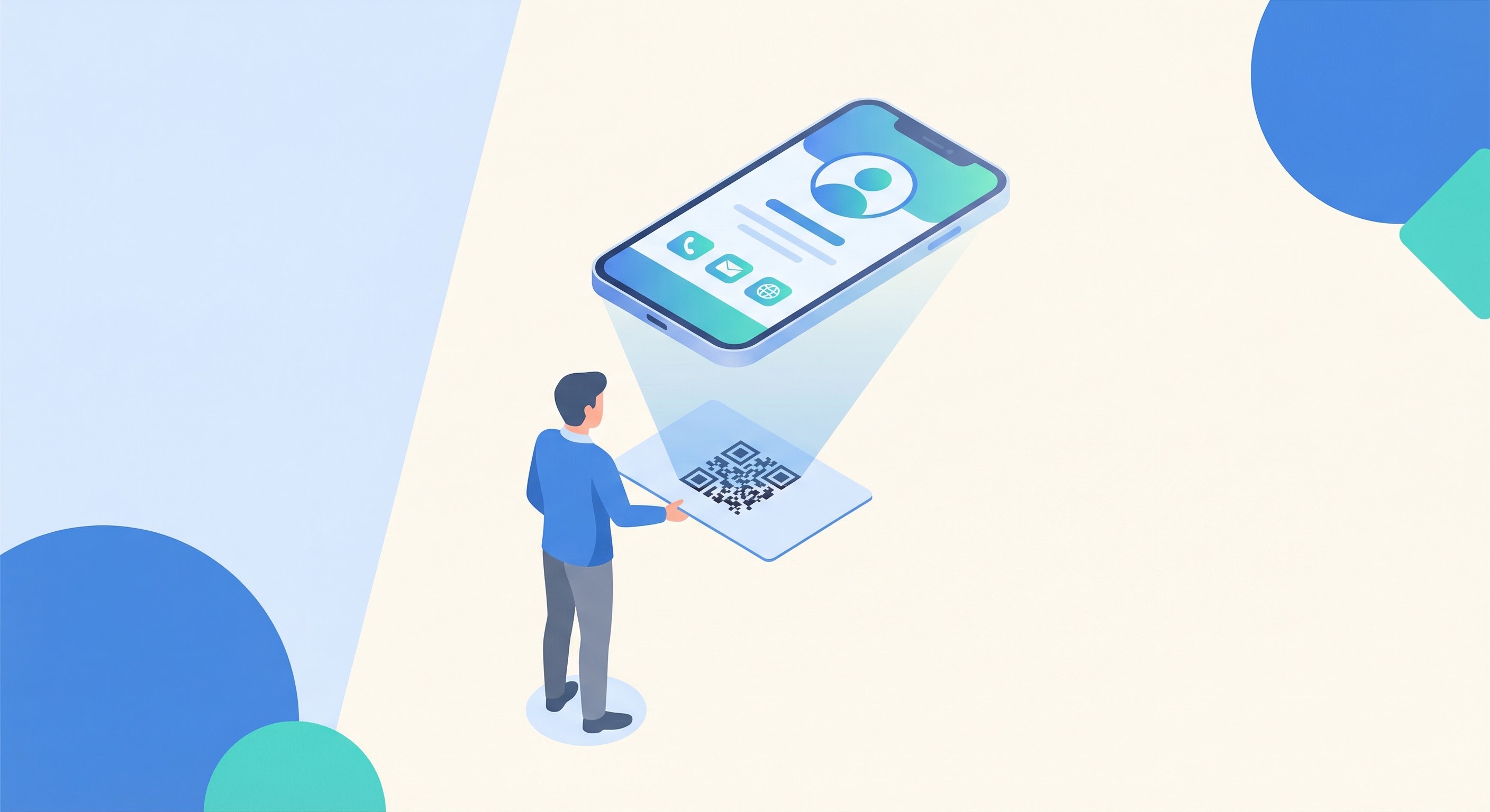 Professional holding a business card with a QR code while a smartphone scans it to reveal a digital contact profile