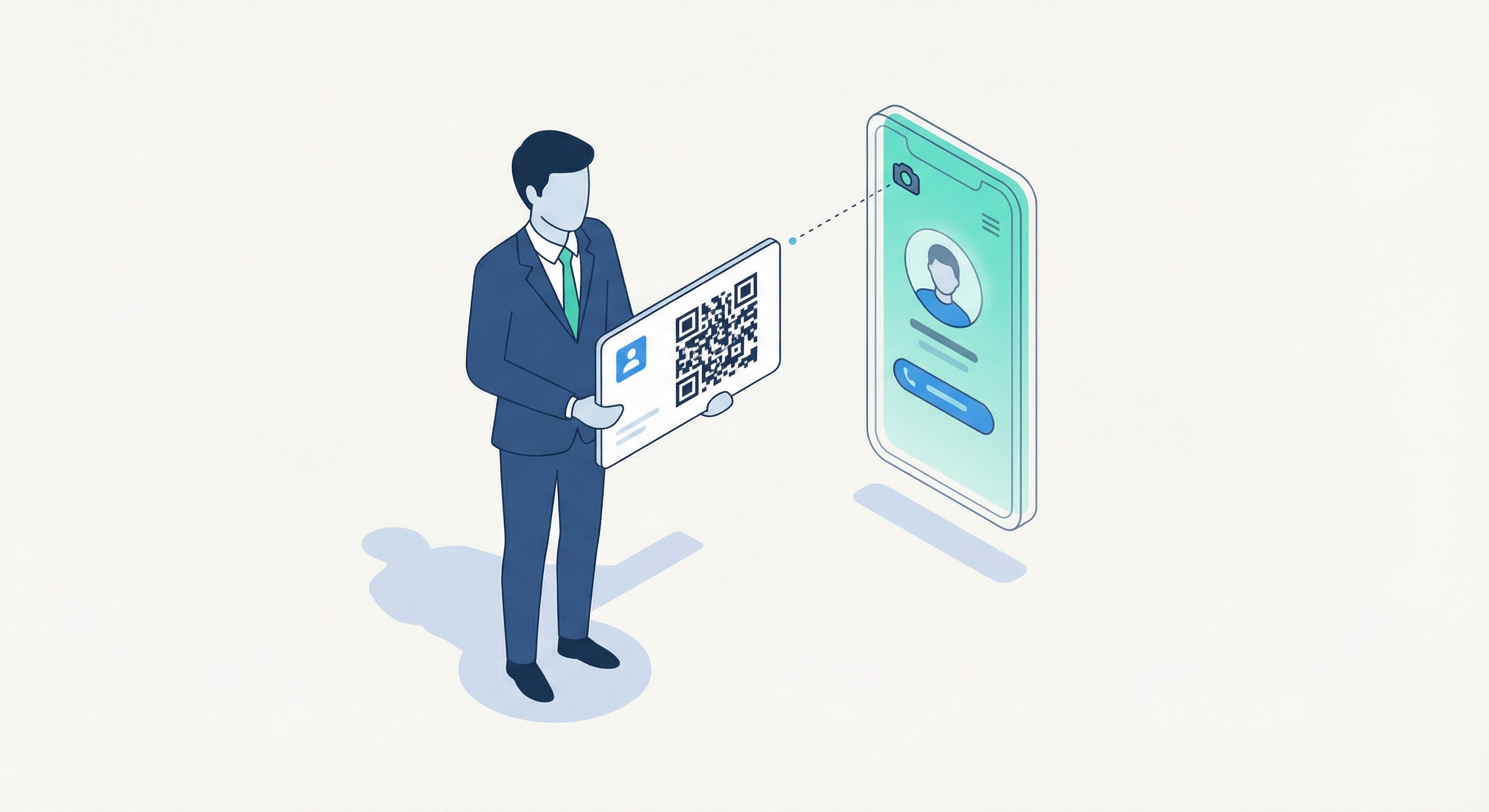 Professional holding a business card with a QR code being scanned by a smartphone to reveal a digital contact profile