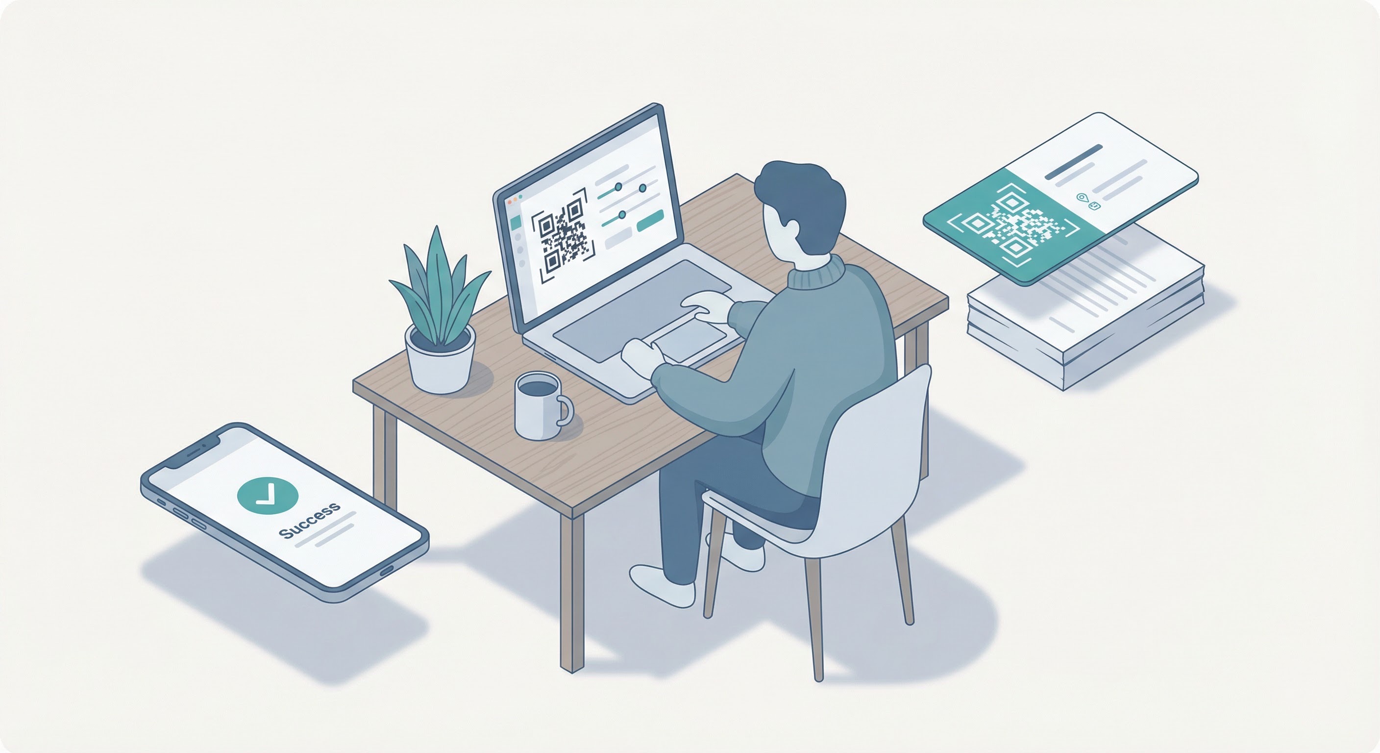 Four-step process for creating a QR code business card: choose type, add contact details, customize design, and download to print