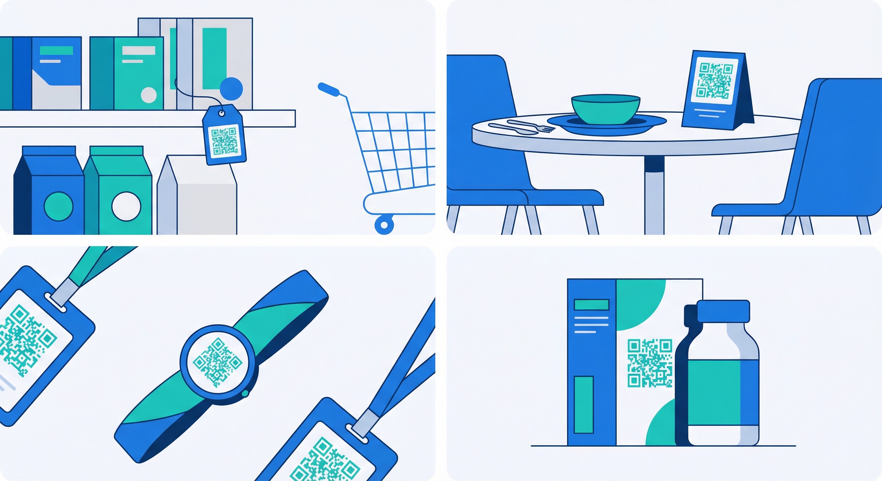 Four-panel grid showing QR codes in use across retail shelving, restaurant table settings, event badge lanyards, and product packaging